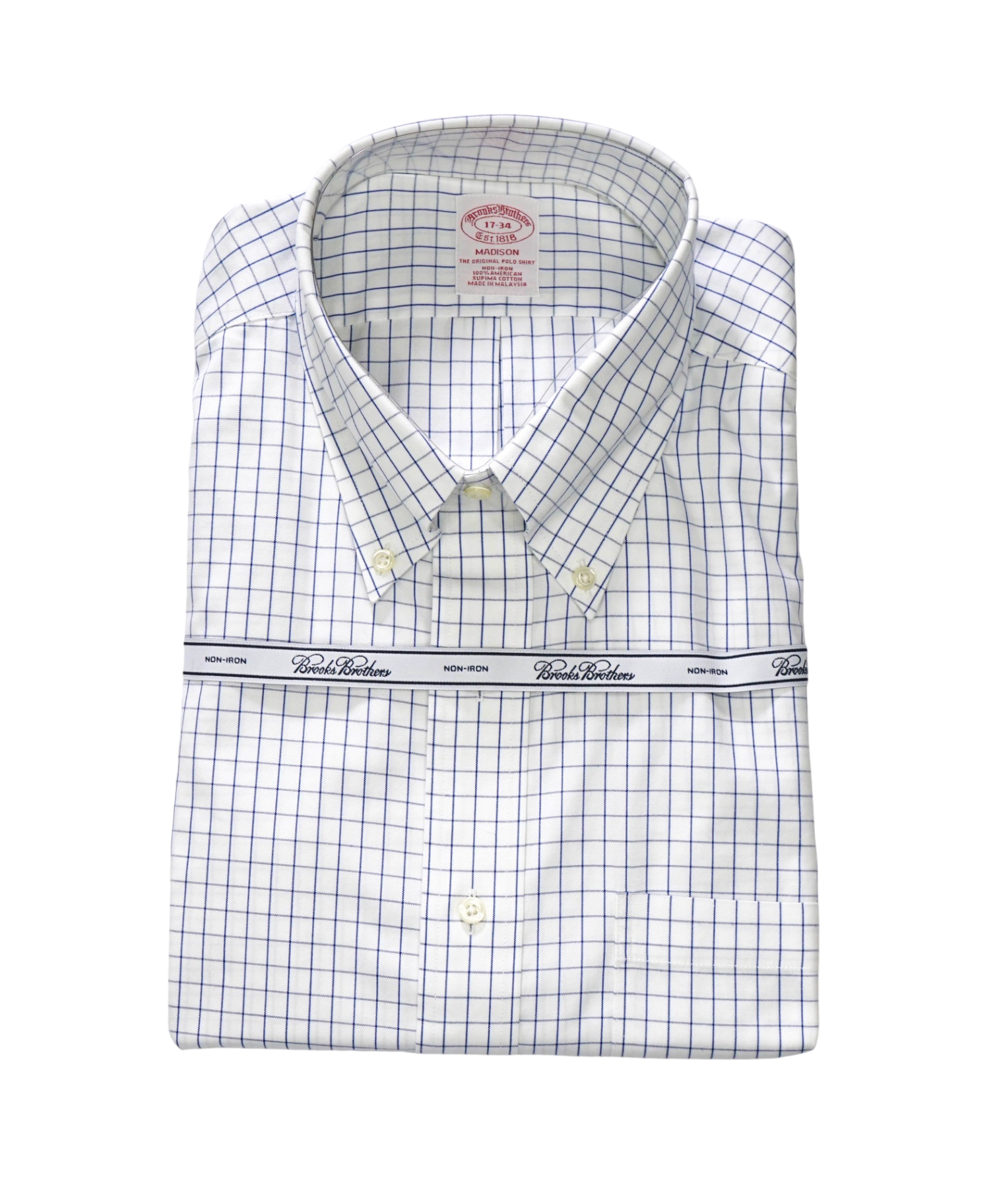 $128 BROOKS BROTHERS - Blue Check NON-IRON MADISON Shirt - 17 - 34