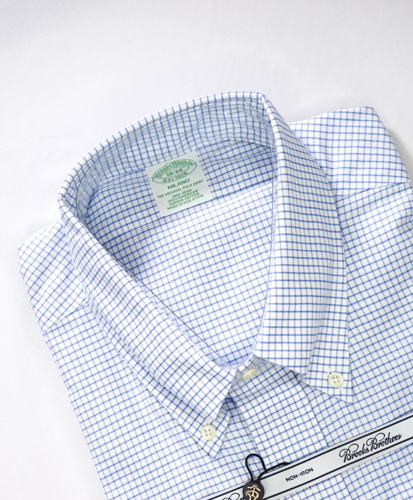 $128 BROOKS BROTHERS - Blue Plaid NON-IRON MILANO Shirt - 18 - 34