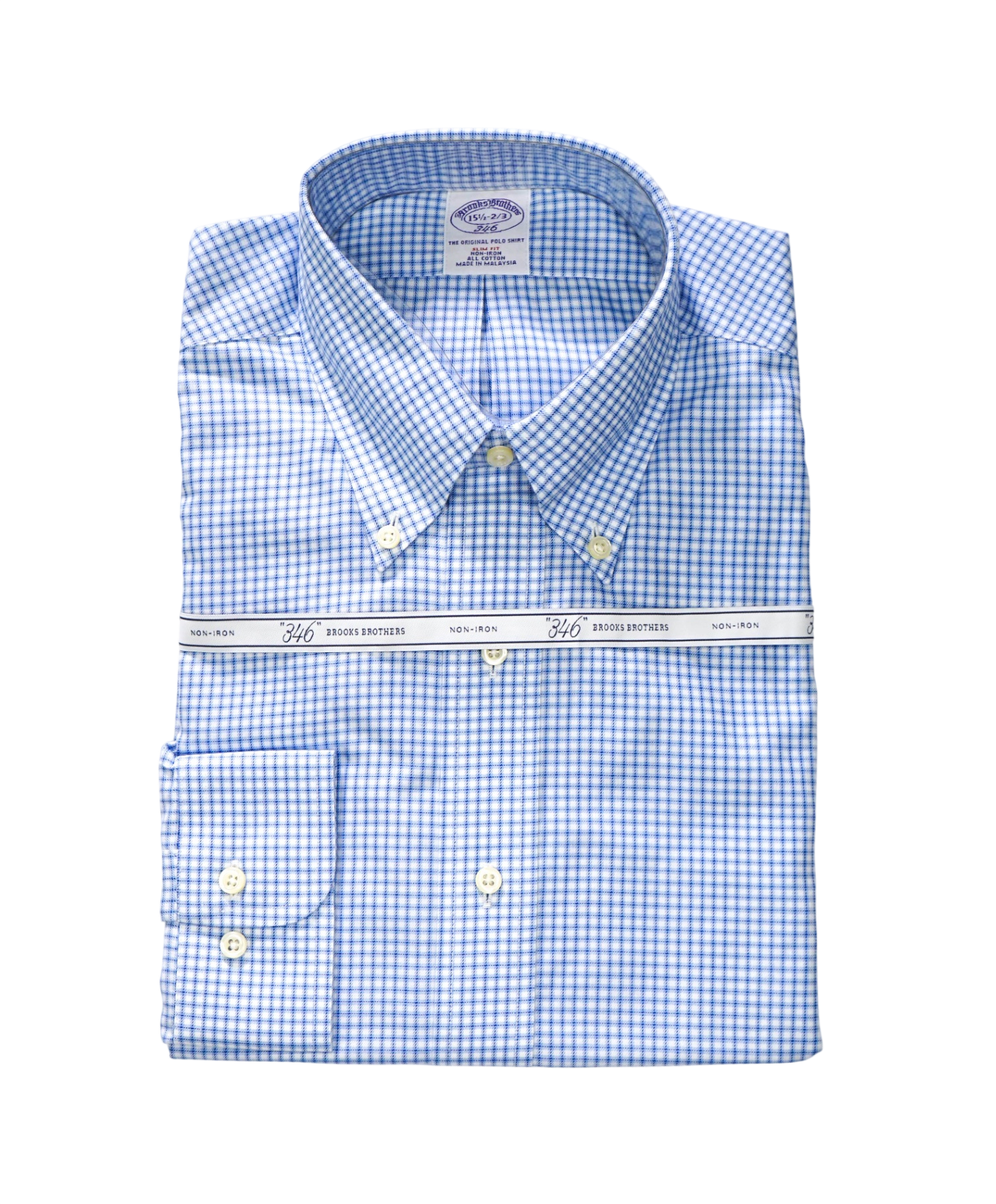 $128 BROOKS BROTHERS - Blue Micro Check NON-IRON "346" SLIM FIT Shirt - 15.5 - 32/33
