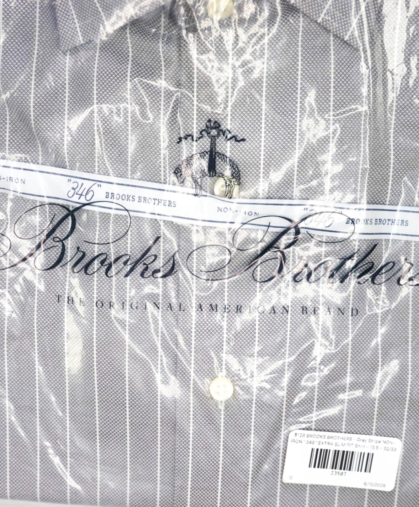 $128 BROOKS BROTHERS - Gray Stripe NON-IRON "346" EXTRA SLIM FIT Shirt - 15.5 - 32/33