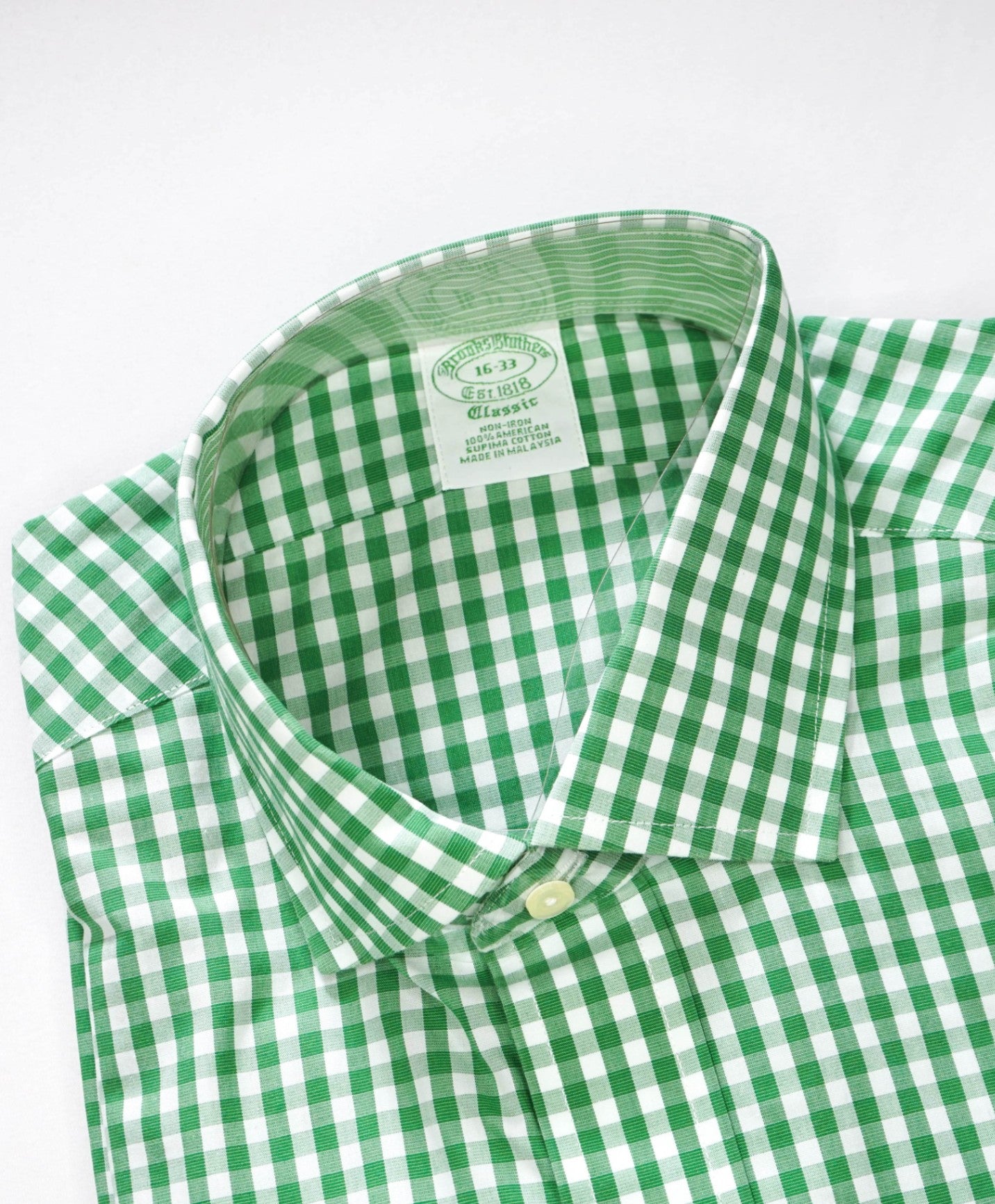 $128 BROOKS BROTHERS - Green Gingham NON-IRON CLASSIC Shirt - 16 - 33
