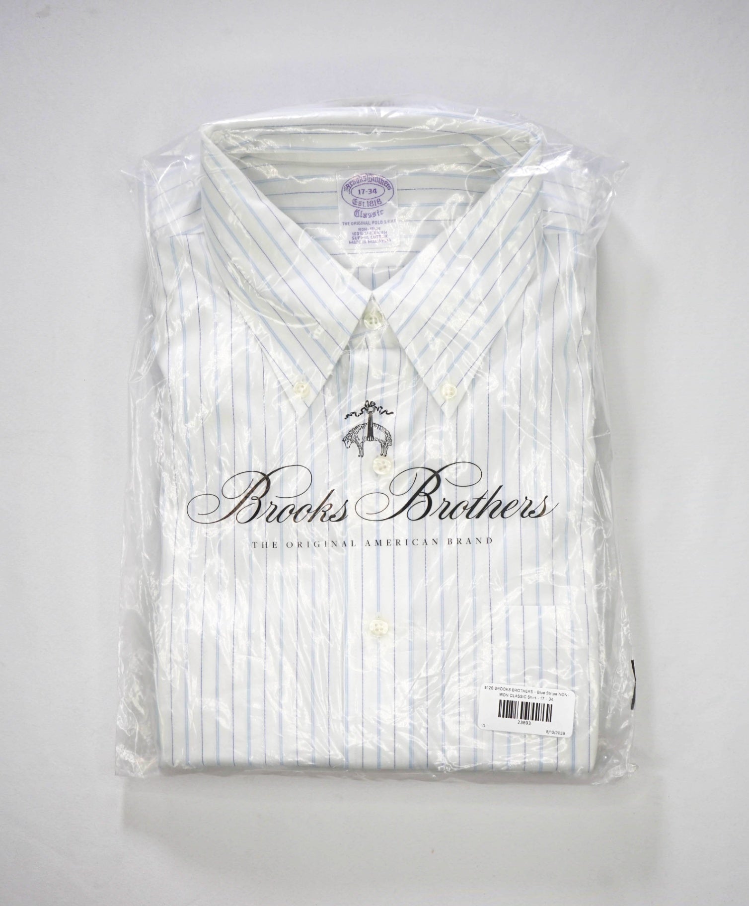 $128 BROOKS BROTHERS - Blue Stripe NON-IRON CLASSIC Shirt - 17 - 34