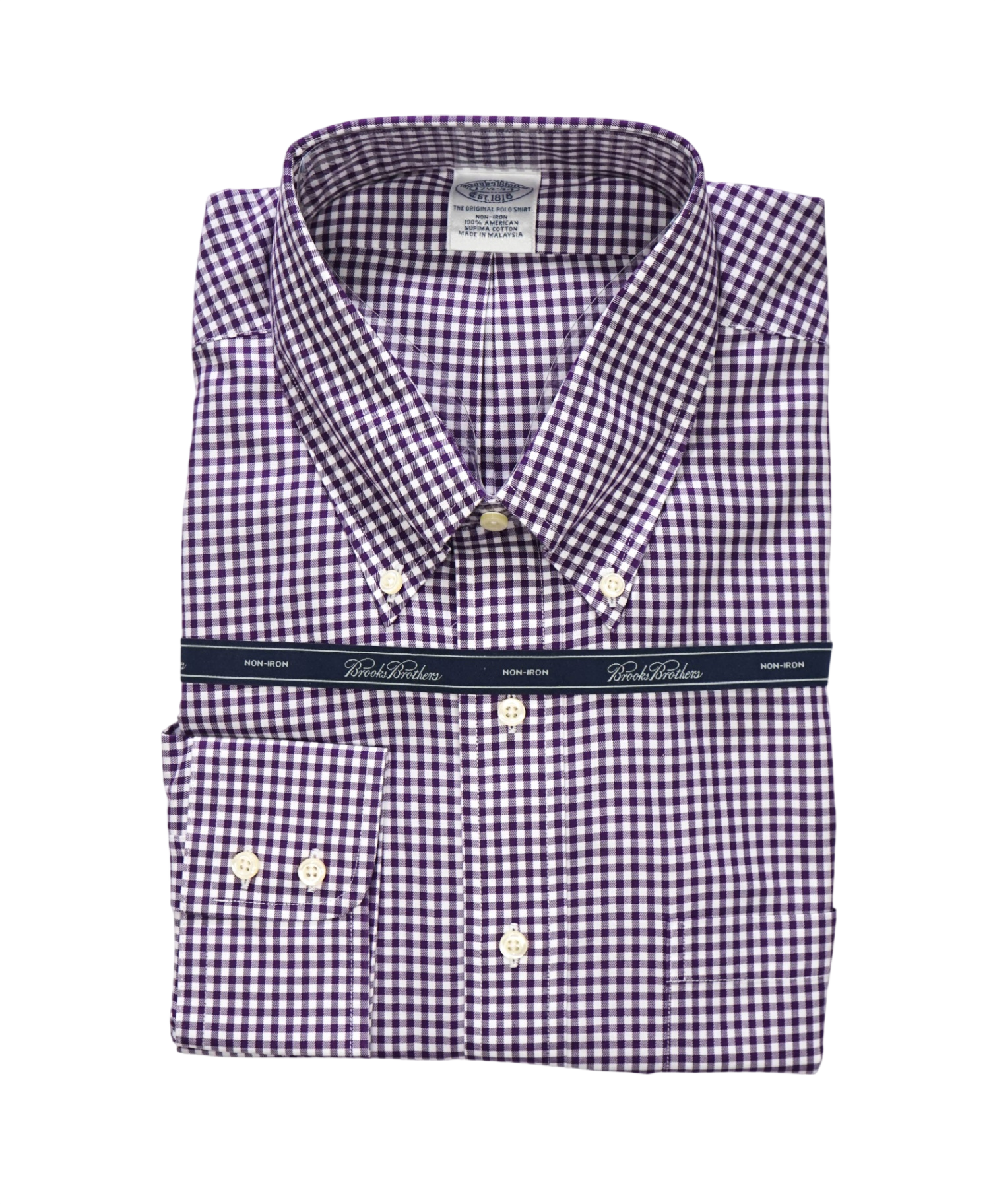 $128 BROOKS BROTHERS - Purple Gingham NON-IRON Shirt - 17.5 - 34