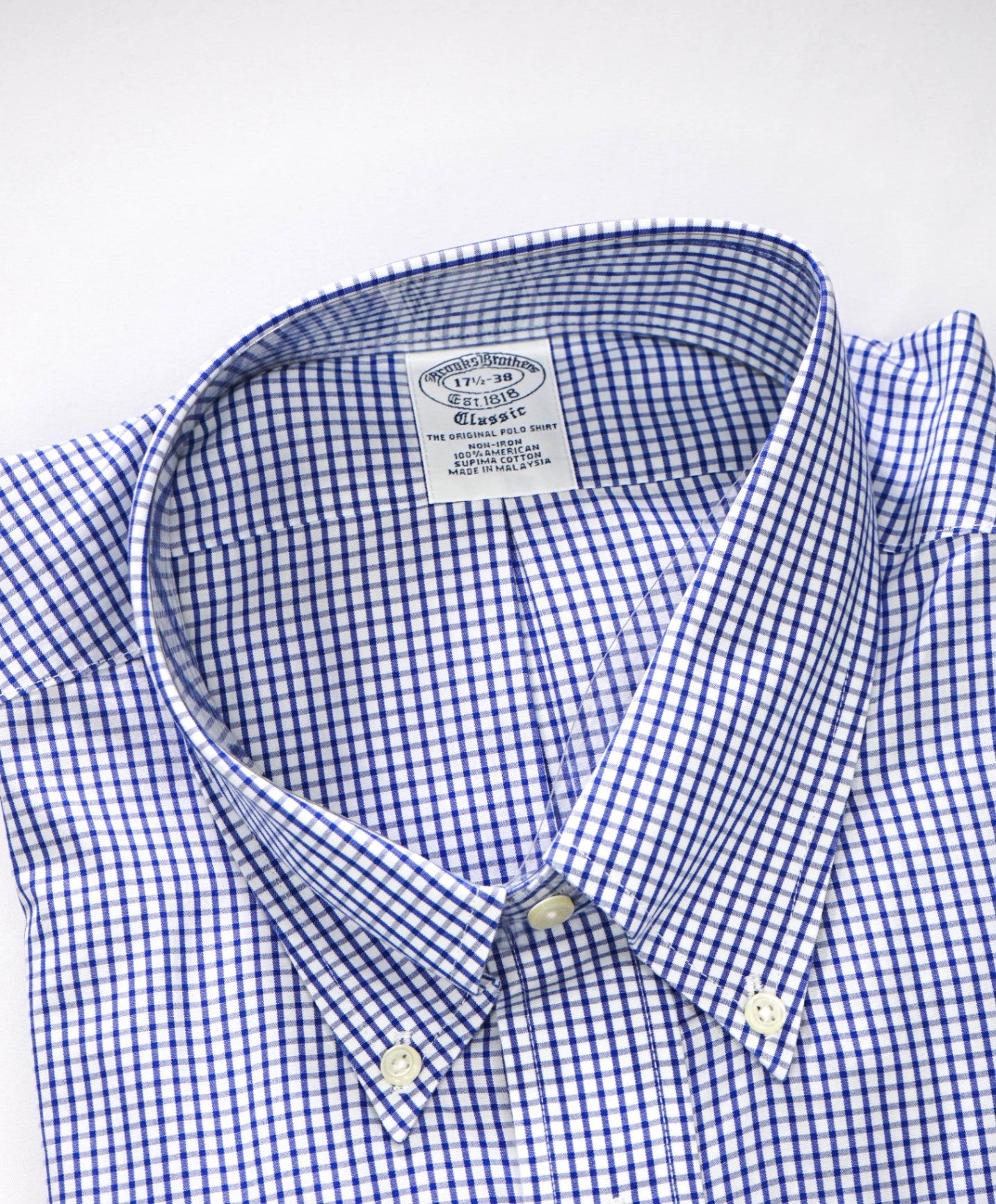 $128 BROOKS BROTHERS - Blue Gingham NON-IRON CLASSIC Shirt - 17.5 - 38