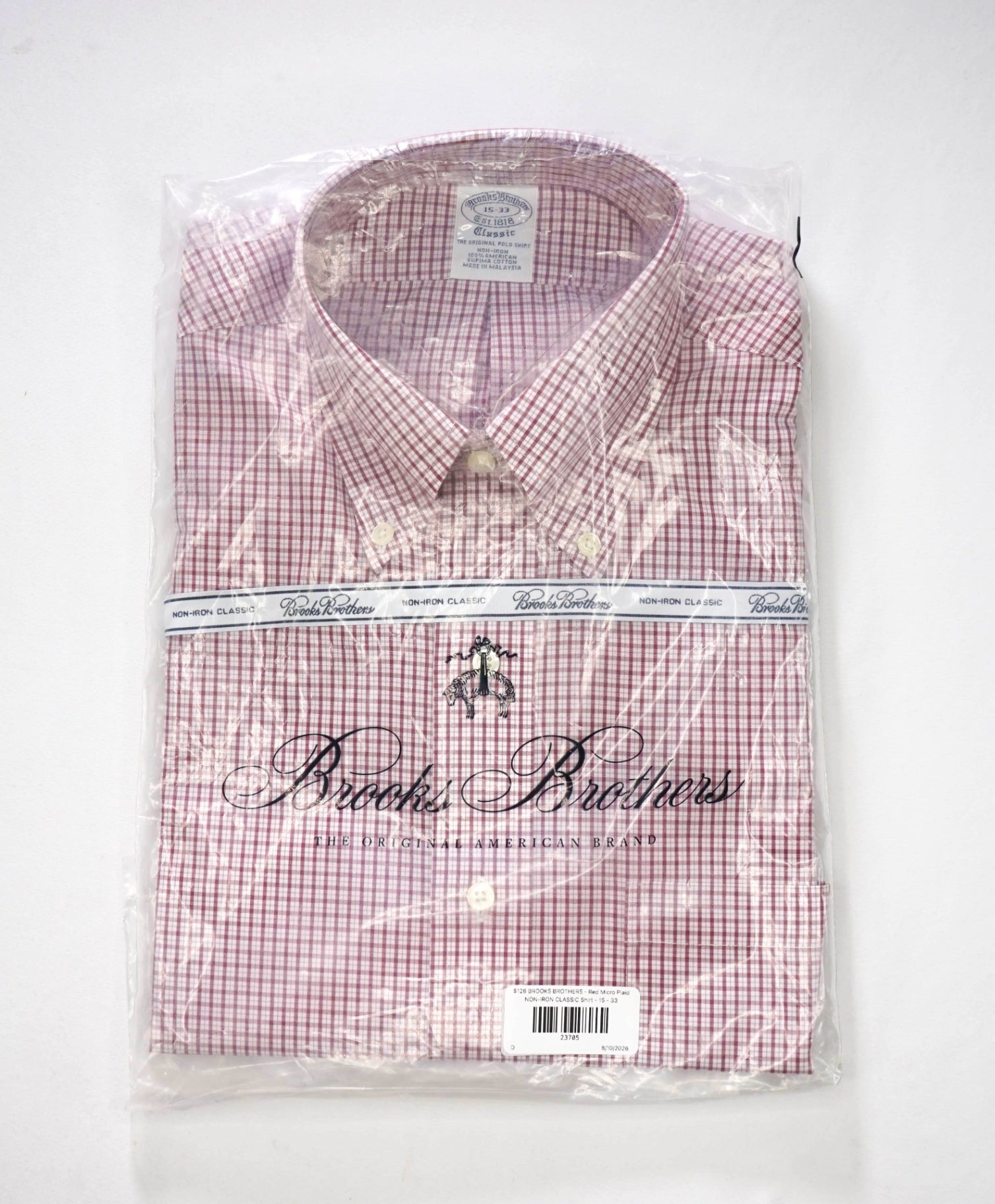 $128 BROOKS BROTHERS - Red Micro Plaid NON-IRON CLASSIC Shirt - 15 - 33
