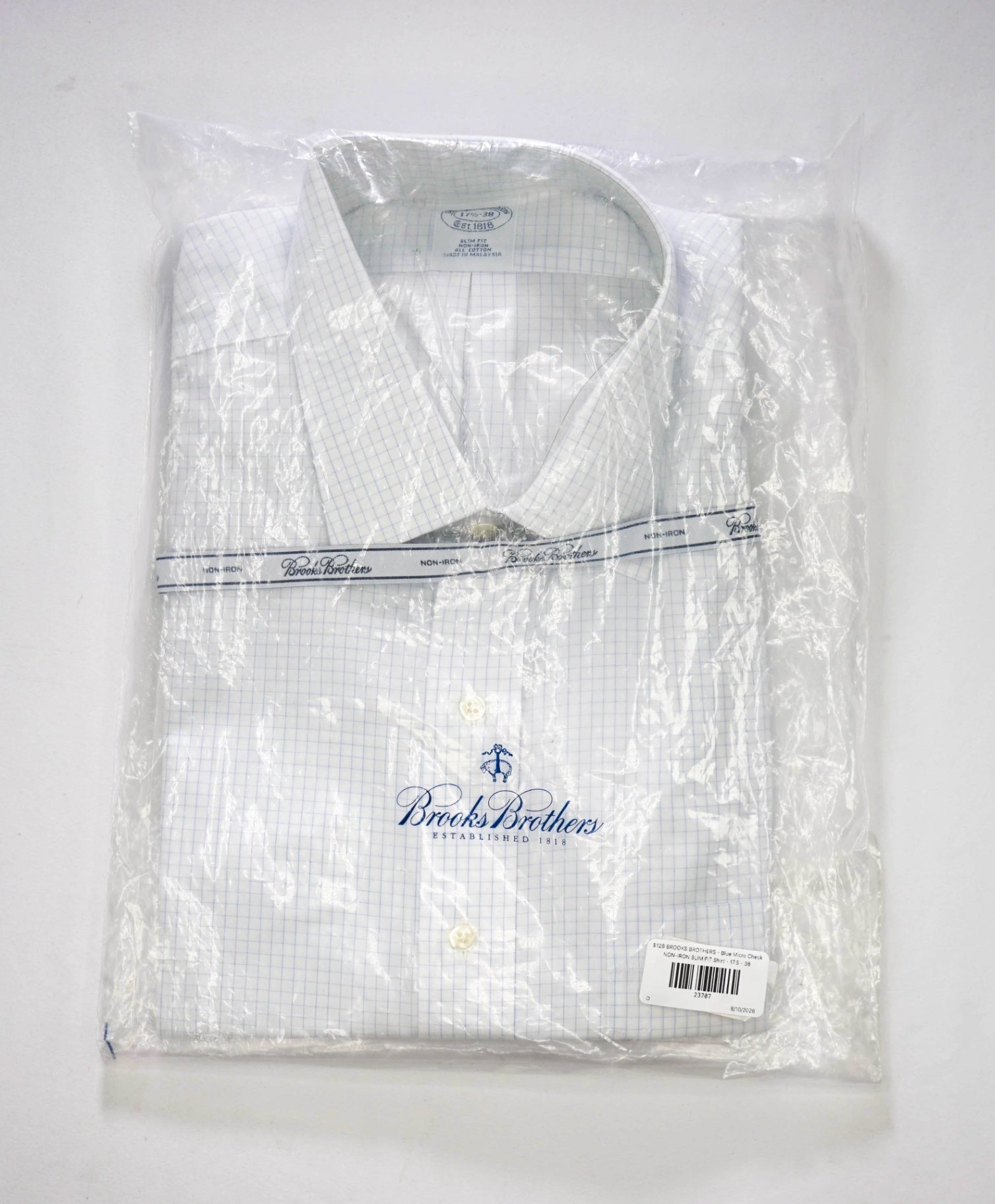 $128 BROOKS BROTHERS - Blue Micro Check NON-IRON SLIM FIT Shirt - 17.5 - 38