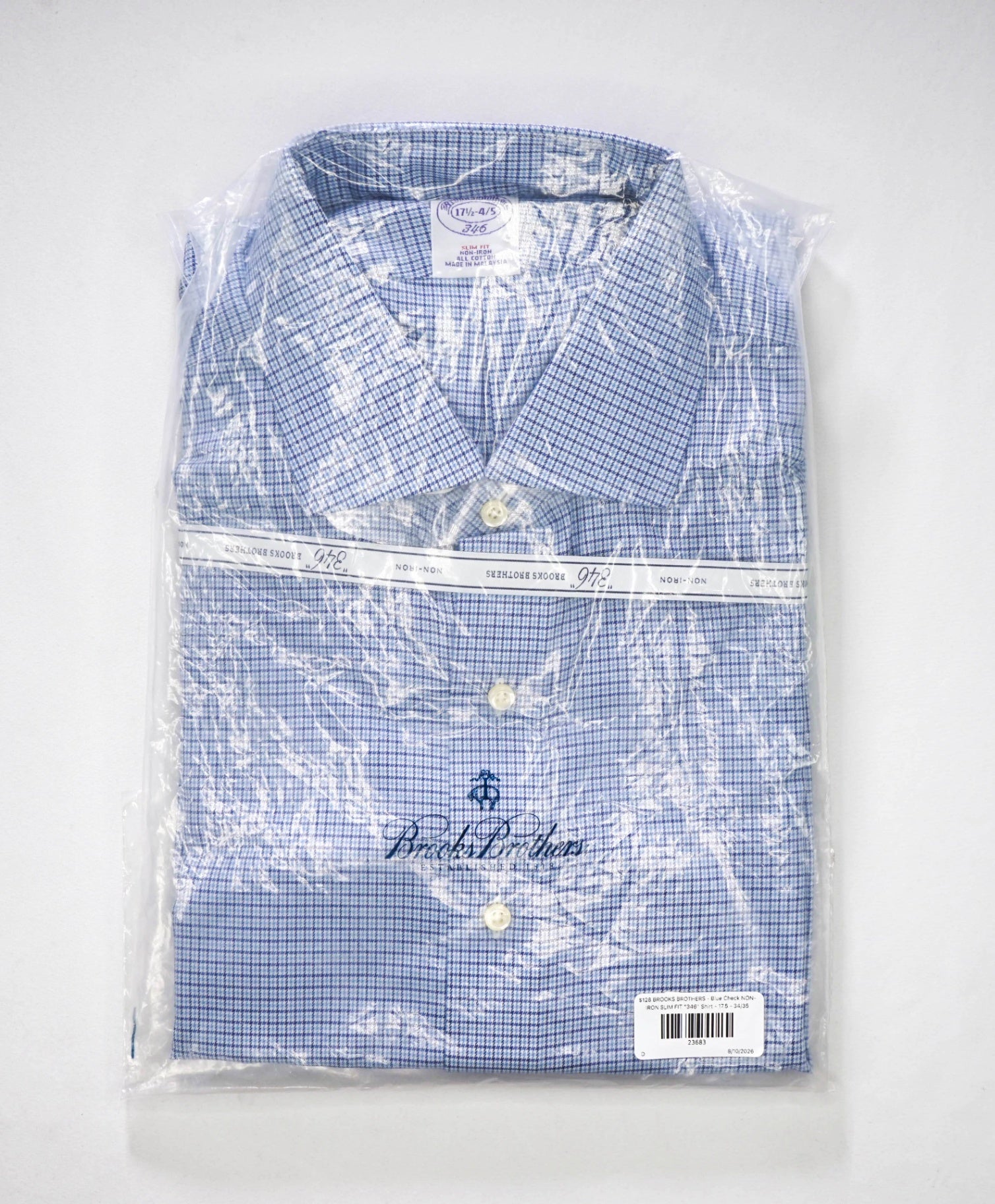 $128 BROOKS BROTHERS - Blue Check NON-IRON SLIM FIT "346" Shirt - 17.5 - 34/35