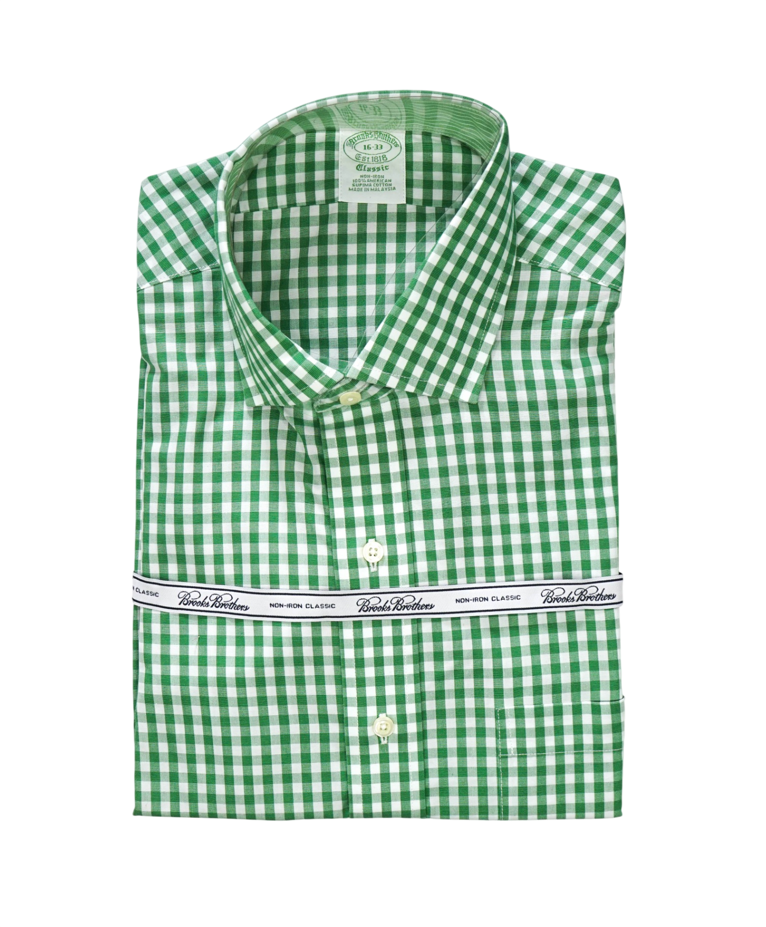 $128 BROOKS BROTHERS - Green Gingham NON-IRON CLASSIC Shirt - 16 - 33