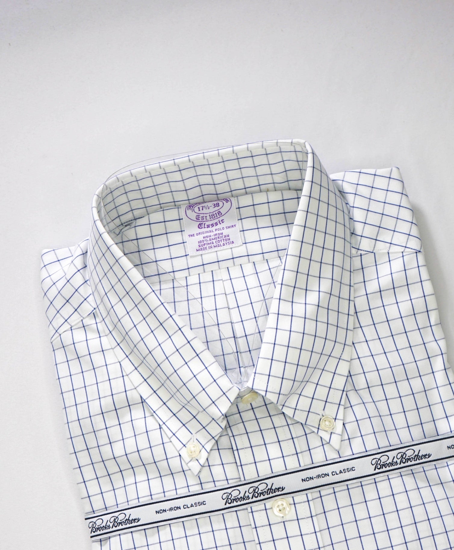 $128 BROOKS BROTHERS - Blue Check NON-IRON CLASSIC Shirt - 17.5 - 38