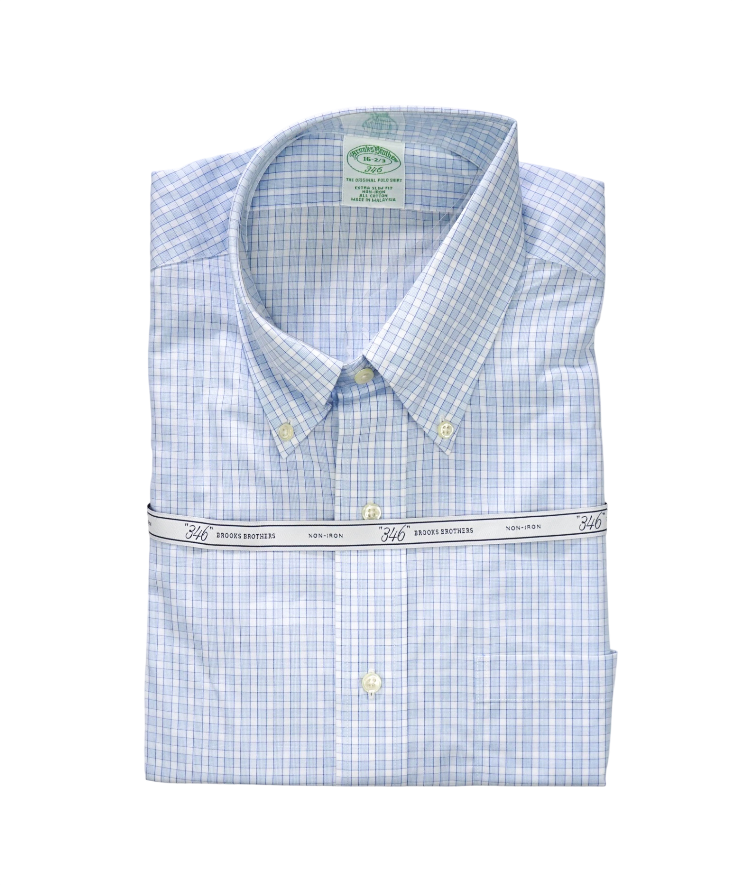 $128 BROOKS BROTHERS - Blue Plaid NON-IRON EXTRA SLIM FIT "346" Shirt - 16 - 32/33