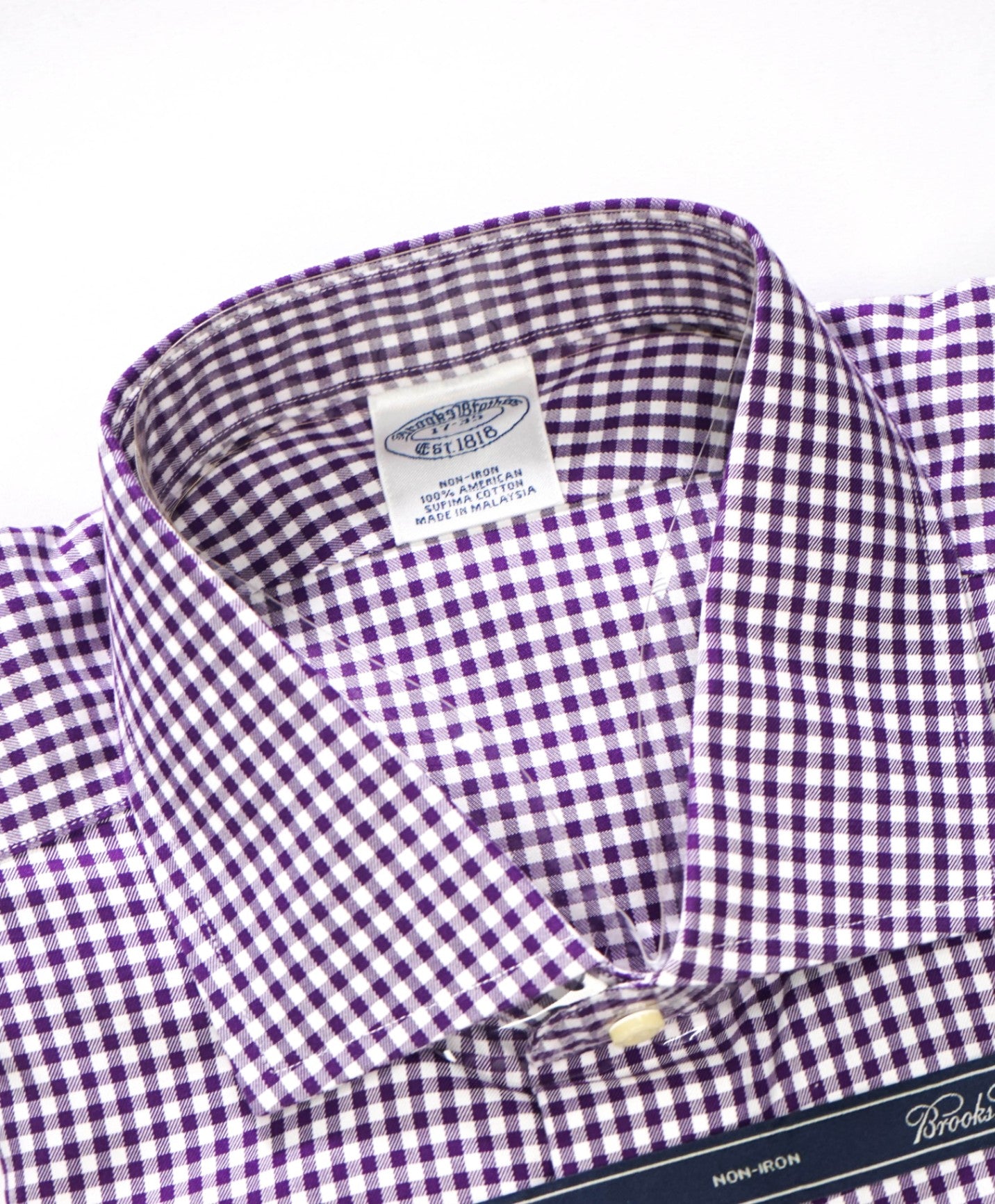 $128 BROOKS BROTHERS - Purple Gingham NON-IRON Shirt - 17 - 35