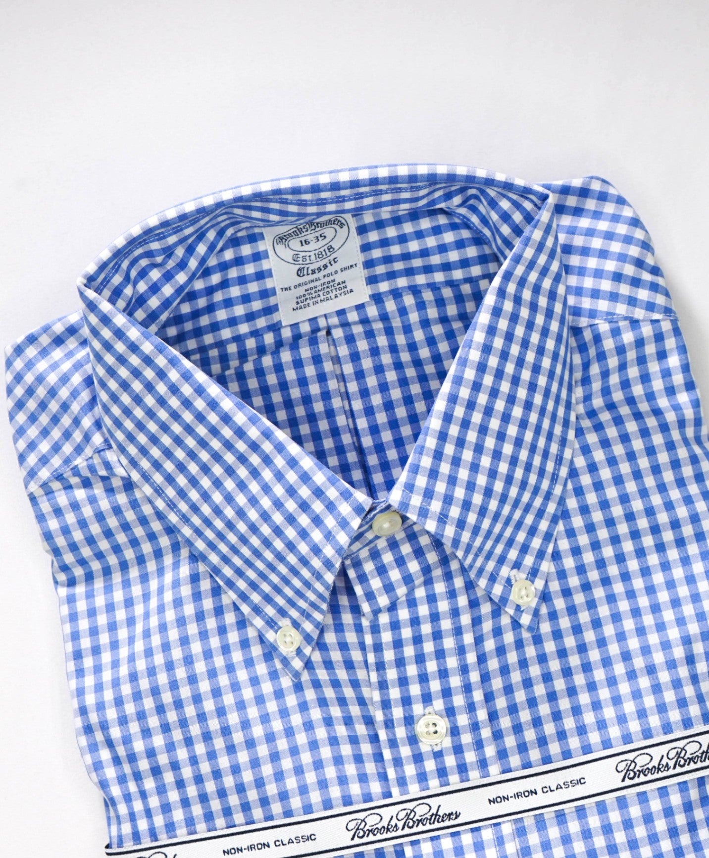 $128 BROOKS BROTHERS - Blue Gingham NON-IRON CLASSIC Shirt - 16 - 35