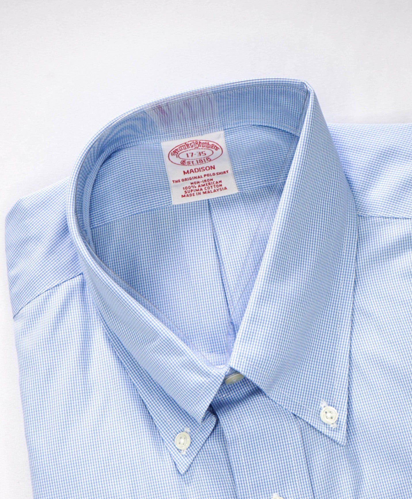 $128 BROOKS BROTHERS - Blue Micro Houndstooth NON-IRON MADISON Shirt - 17 - 35