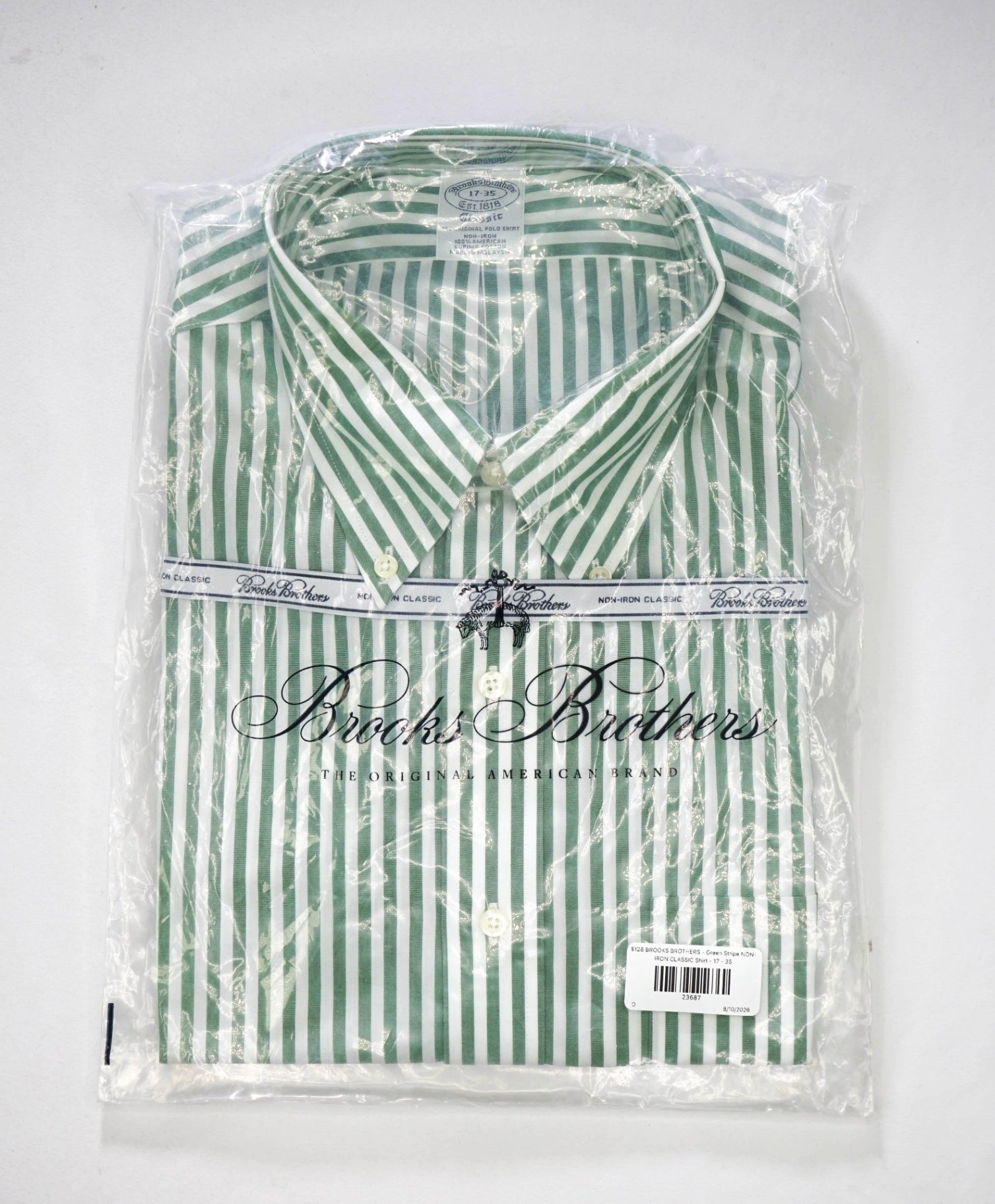 $128 BROOKS BROTHERS - Green Stripe NON-IRON CLASSIC Shirt - 17 - 35
