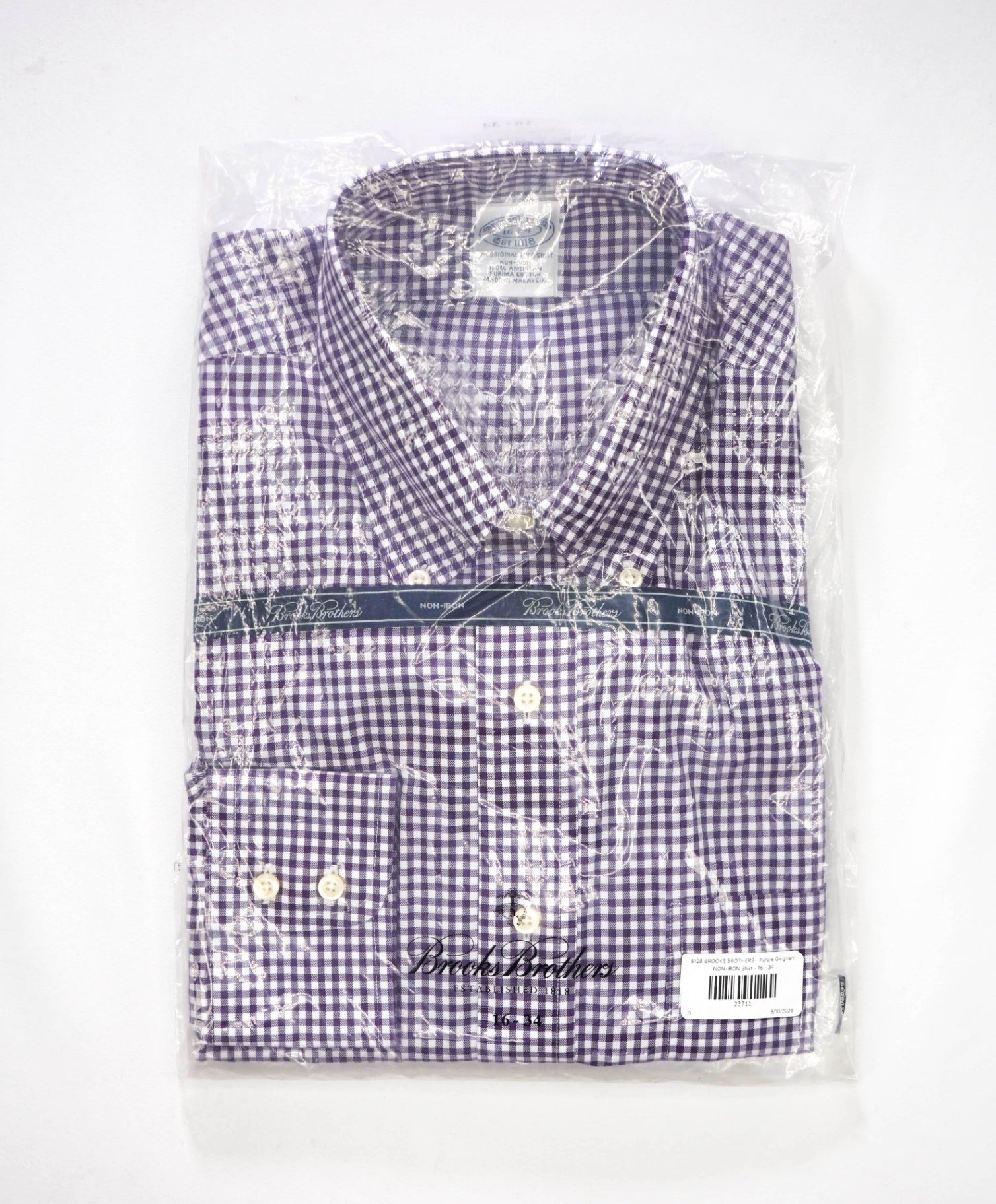 $128 BROOKS BROTHERS - Purple Gingham NON-IRON Shirt - 16 - 34