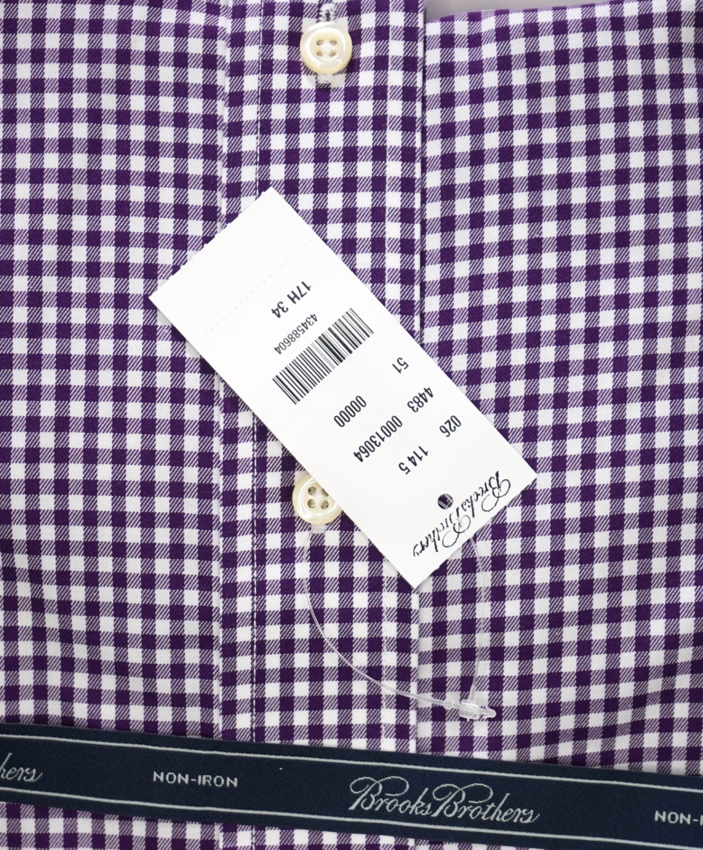 $128 BROOKS BROTHERS - Purple Gingham NON-IRON Shirt - 17.5 - 34