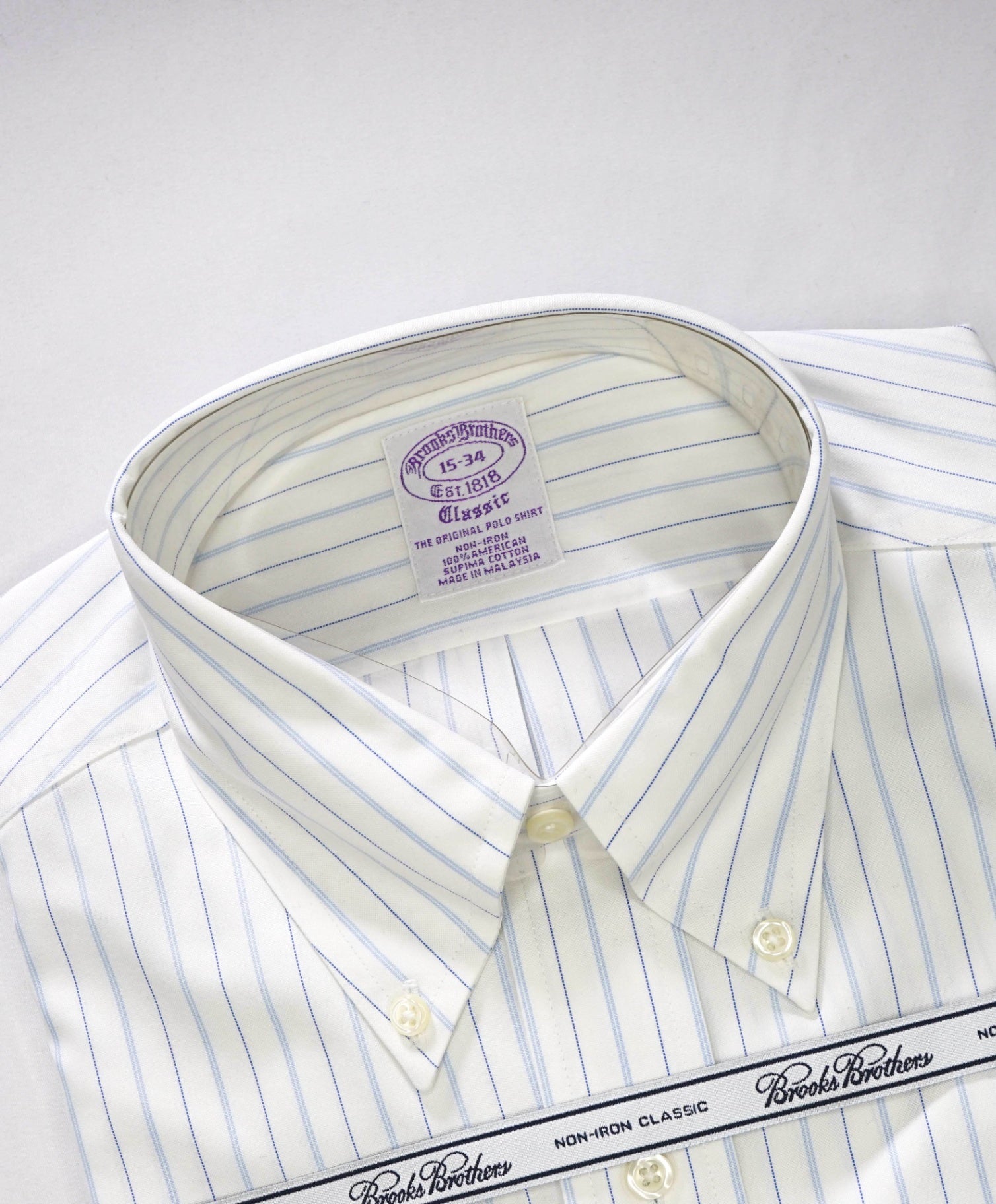 $128 BROOKS BROTHERS - Blue Stripe NON-IRON CLASSIC Shirt - 15 - 34