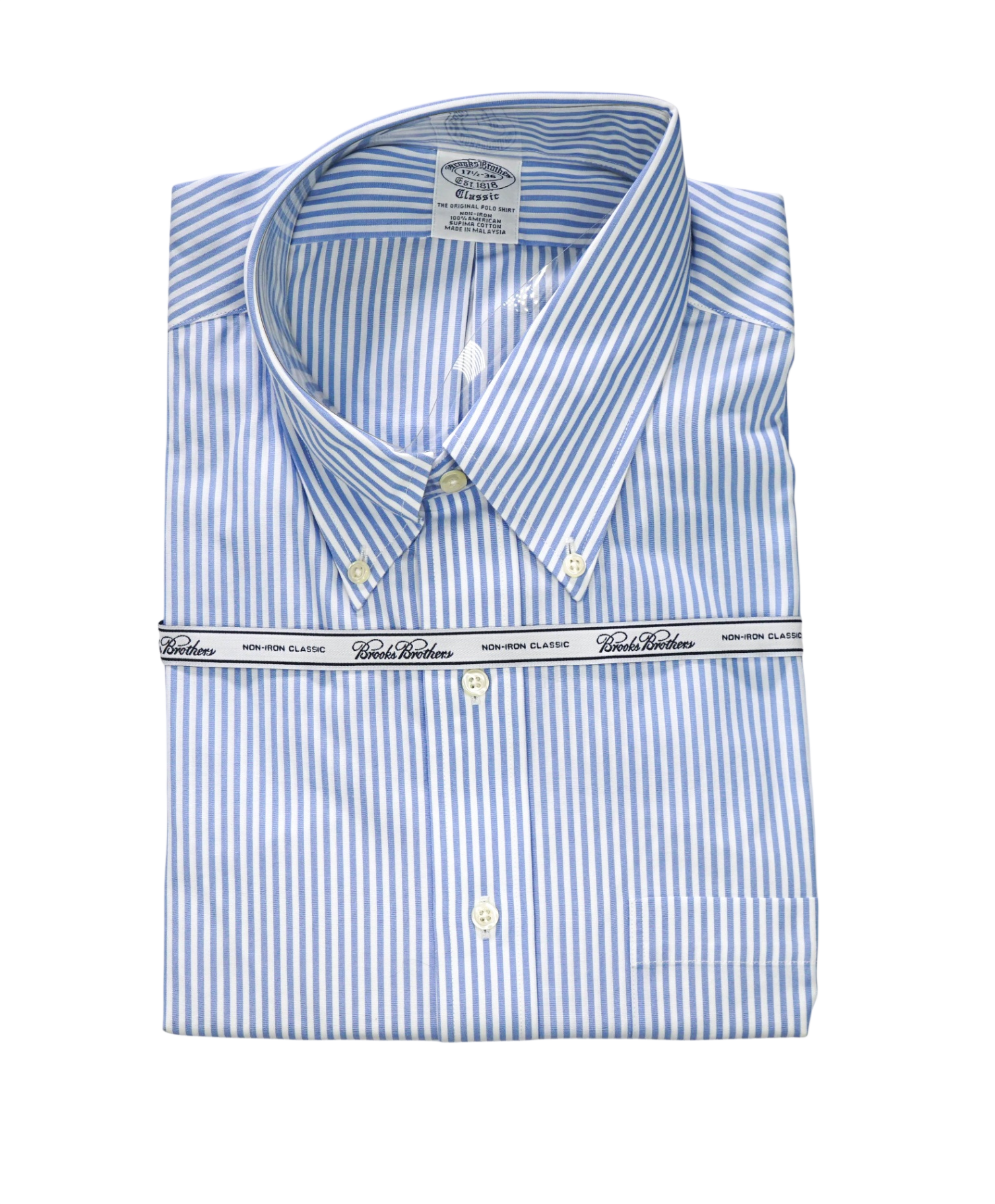 $128 BROOKS BROTHERS - Blue Stripe NON-IRON CLASSIC Shirt - 17.5 - 36