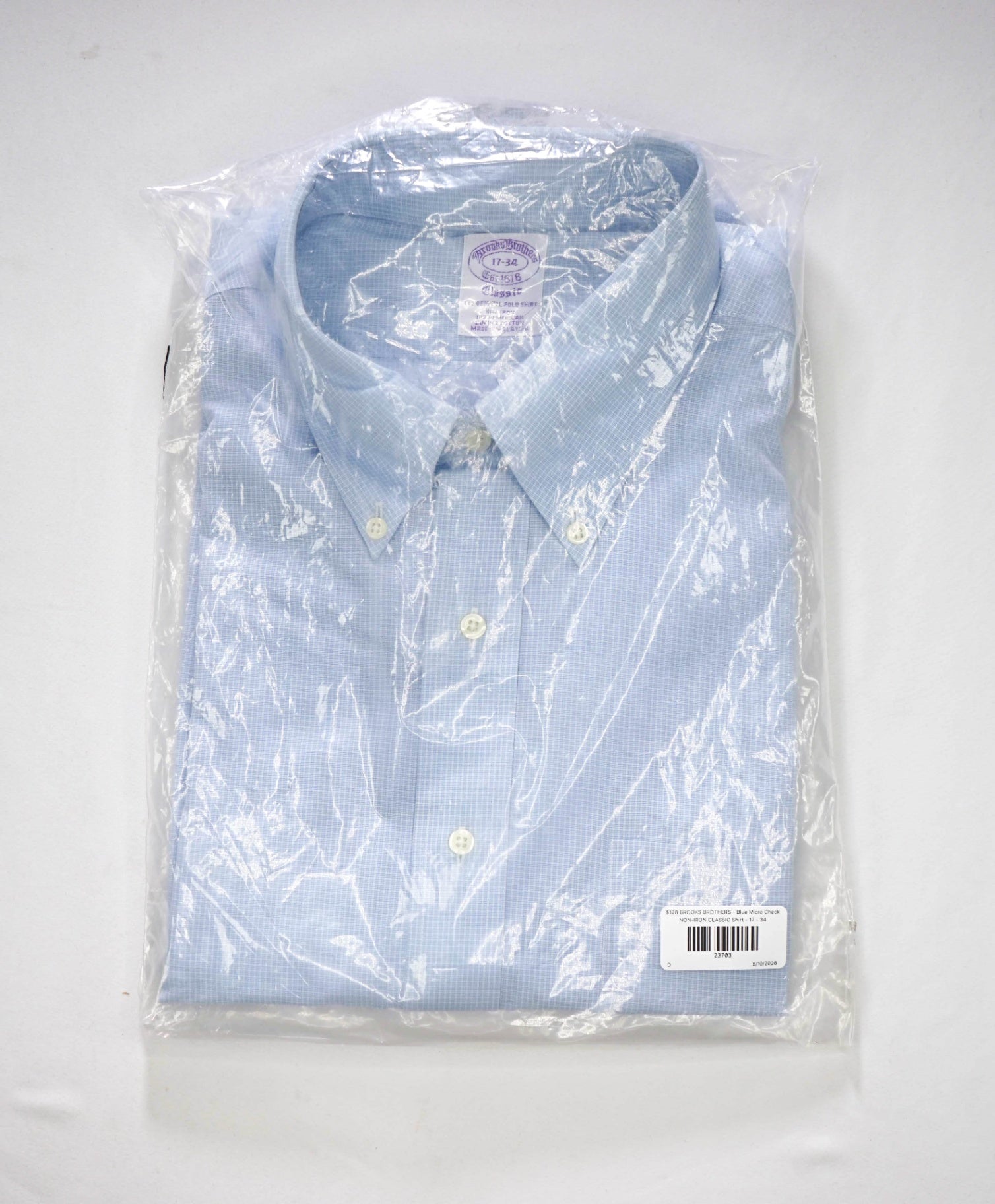 $128 BROOKS BROTHERS - Blue Micro Check NON-IRON CLASSIC Shirt - 17 - 34