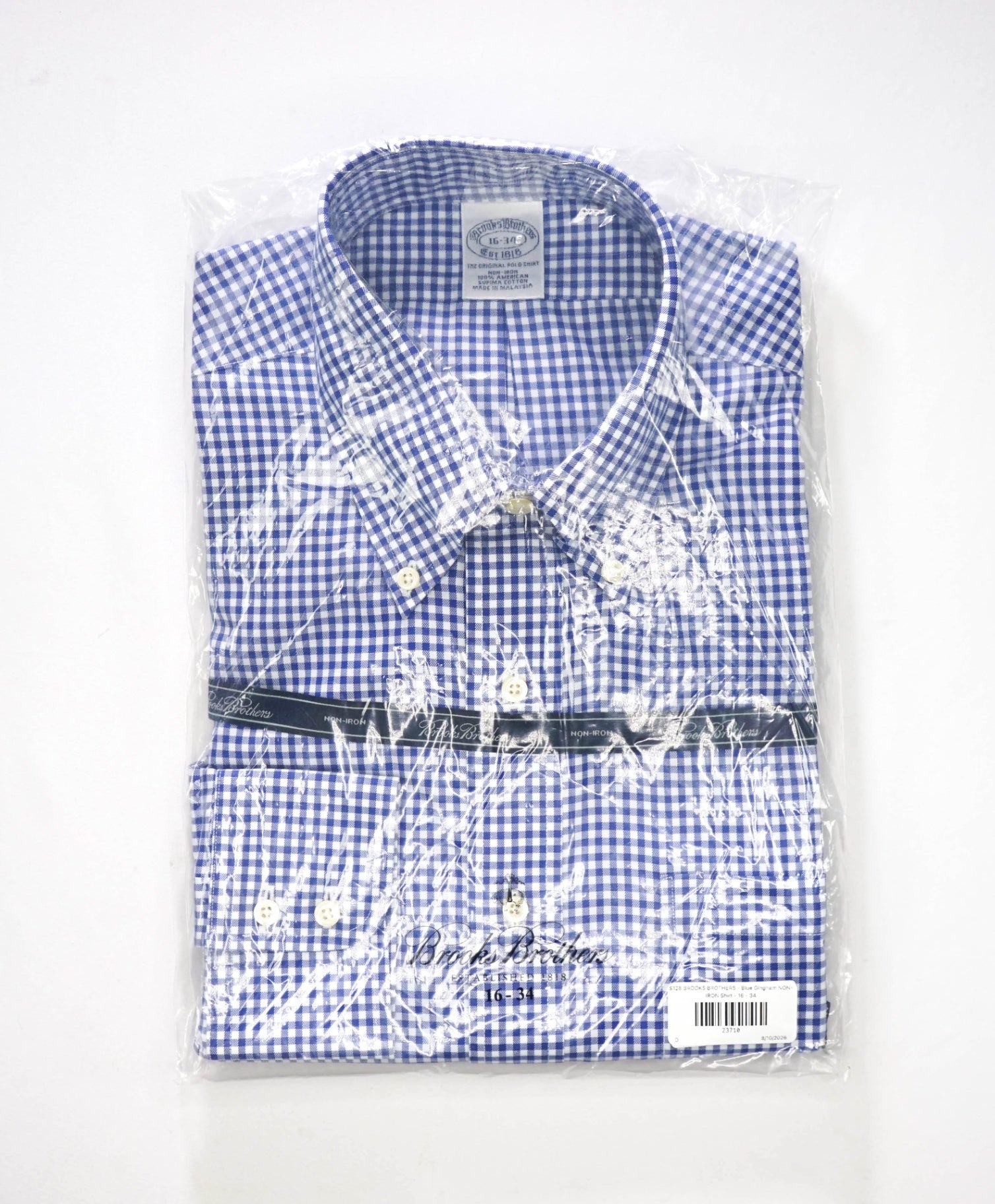 $128 BROOKS BROTHERS - Blue Gingham NON-IRON Shirt - 16 - 34