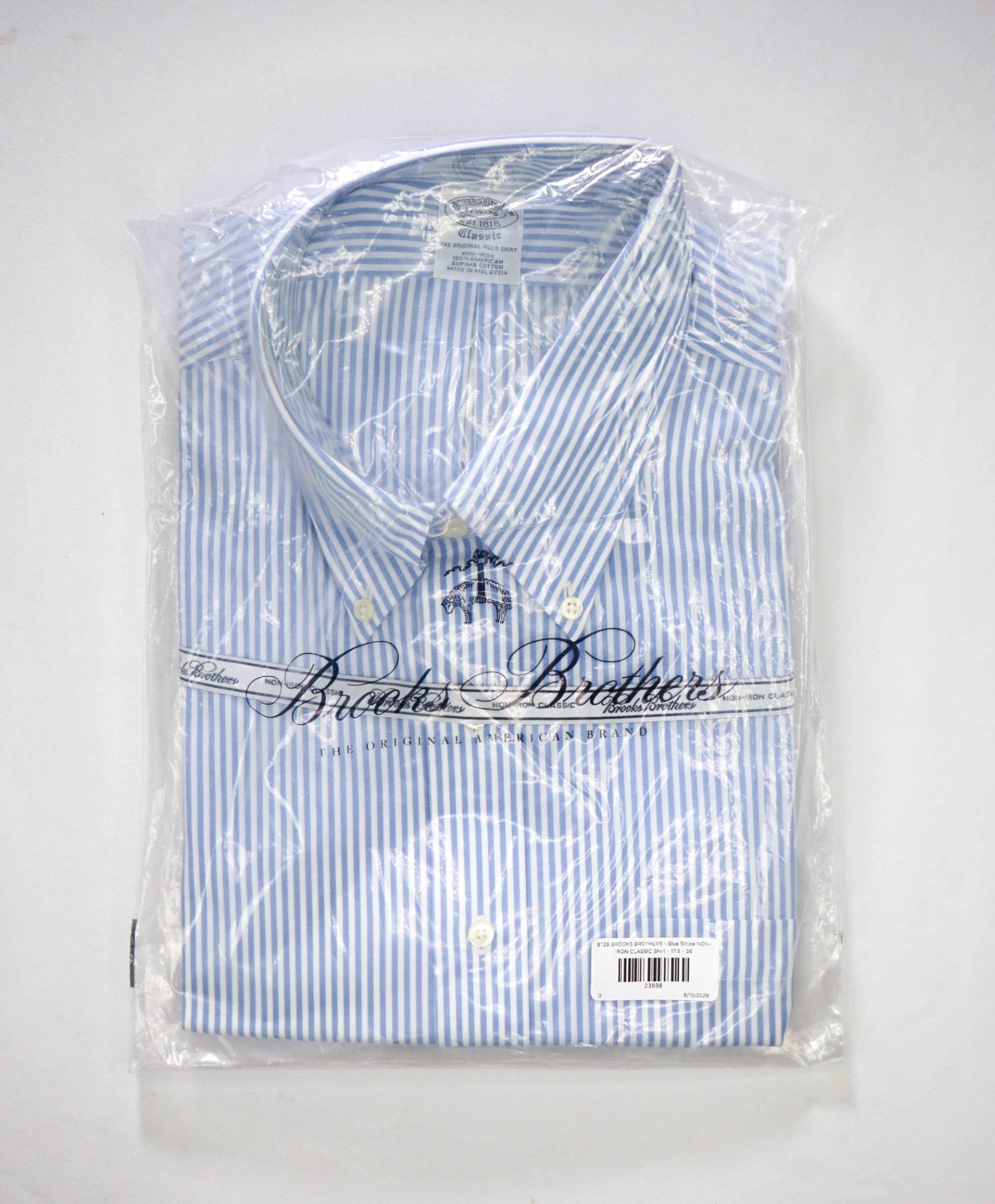 $128 BROOKS BROTHERS - Blue Stripe NON-IRON CLASSIC Shirt - 17.5 - 36