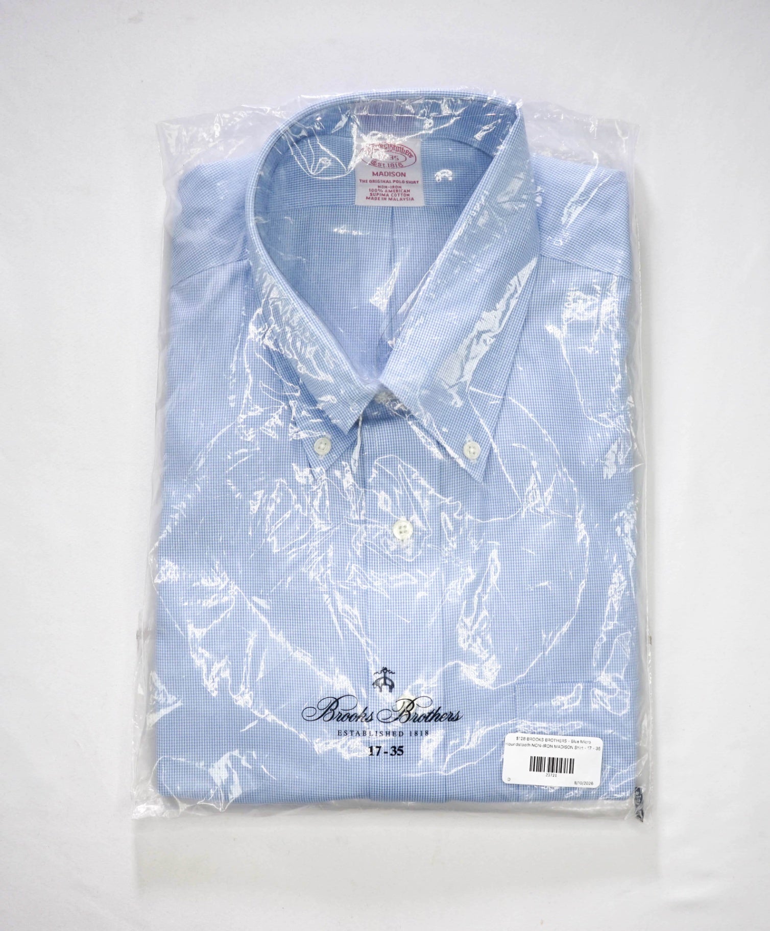 $128 BROOKS BROTHERS - Blue Micro Houndstooth NON-IRON MADISON Shirt - 17 - 35