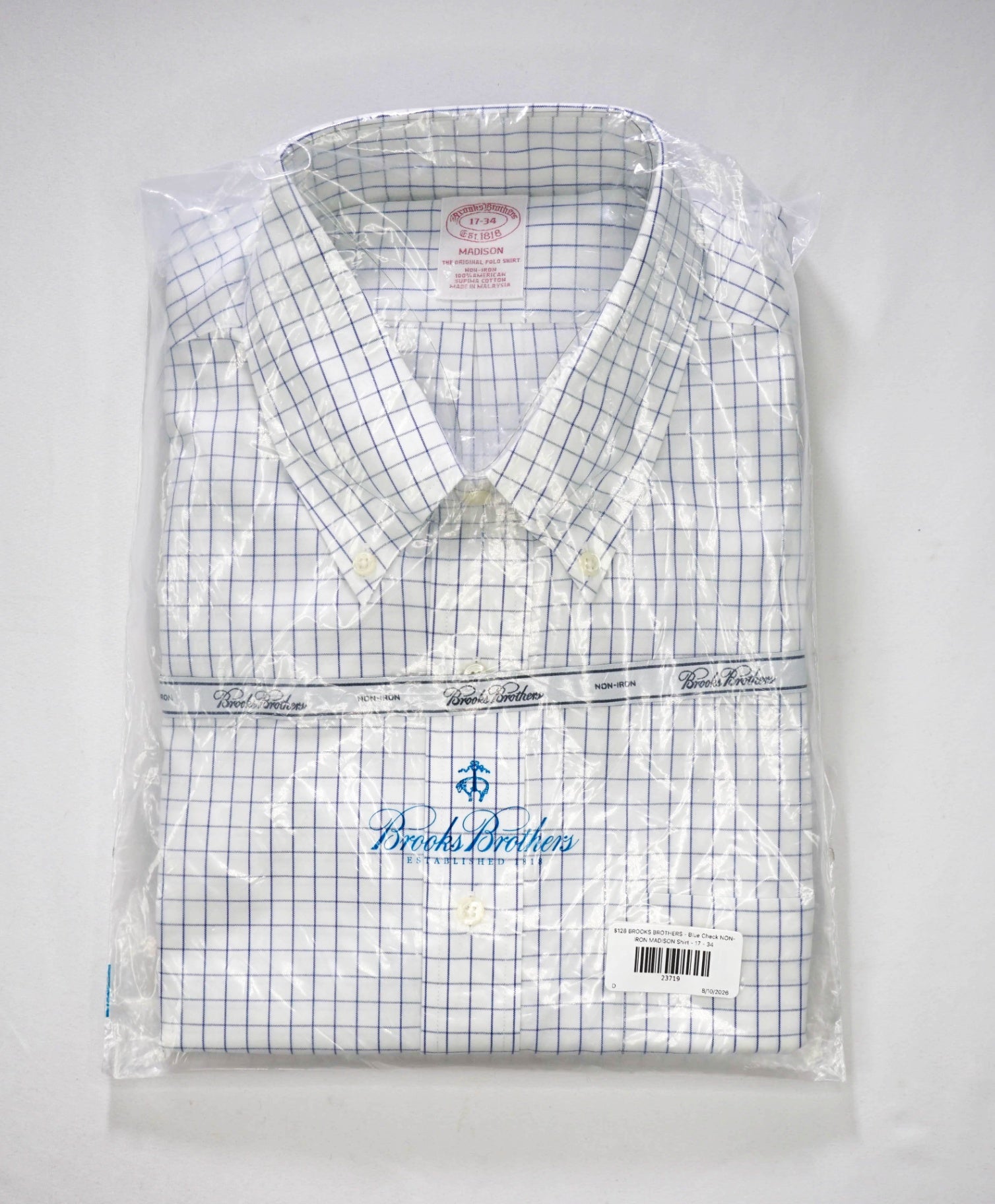 $128 BROOKS BROTHERS - Blue Check NON-IRON MADISON Shirt - 17 - 34