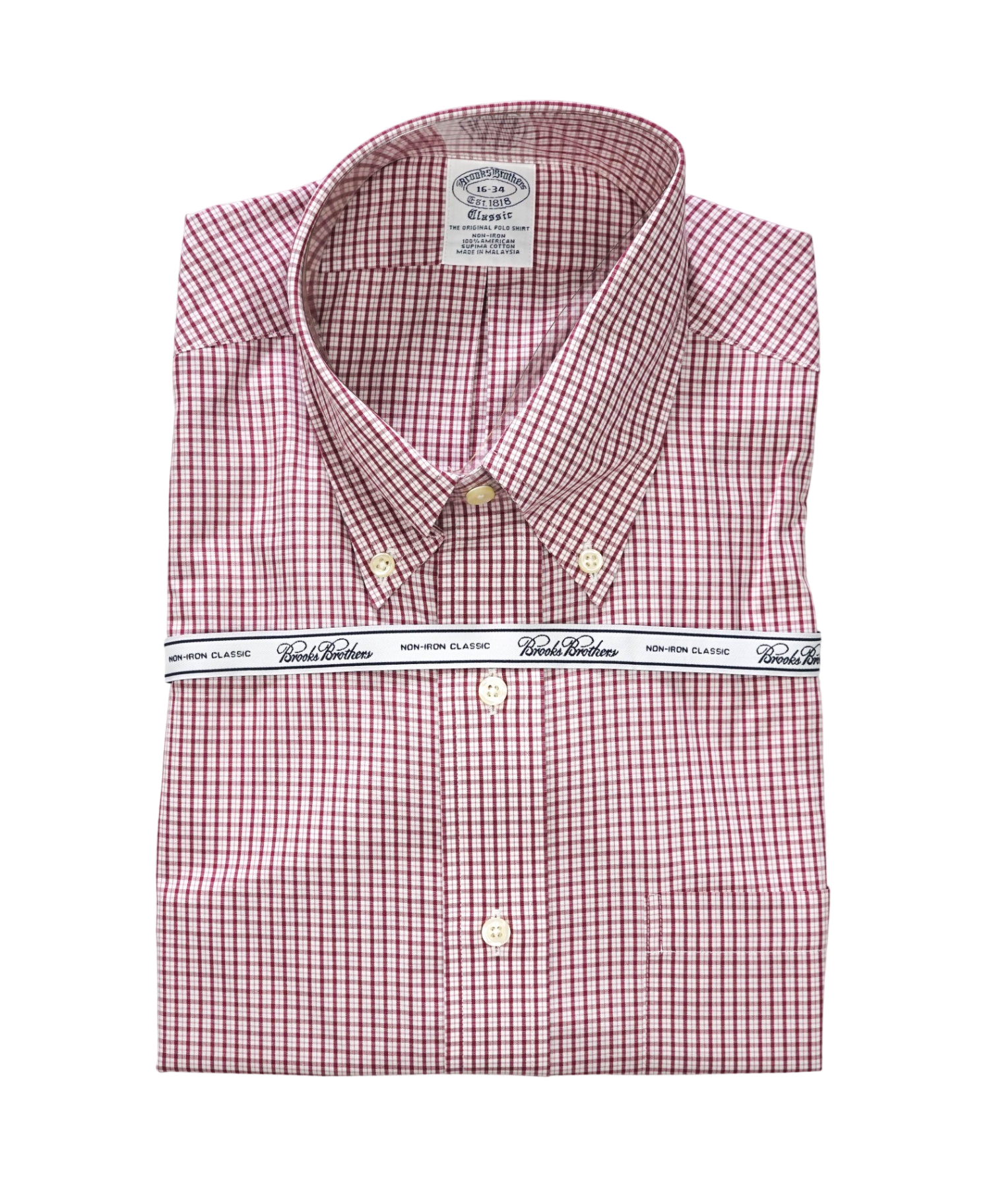 $128 BROOKS BROTHERS - Red Micro Plaid NON-IRON CLASSIC Shirt - 16 - 34