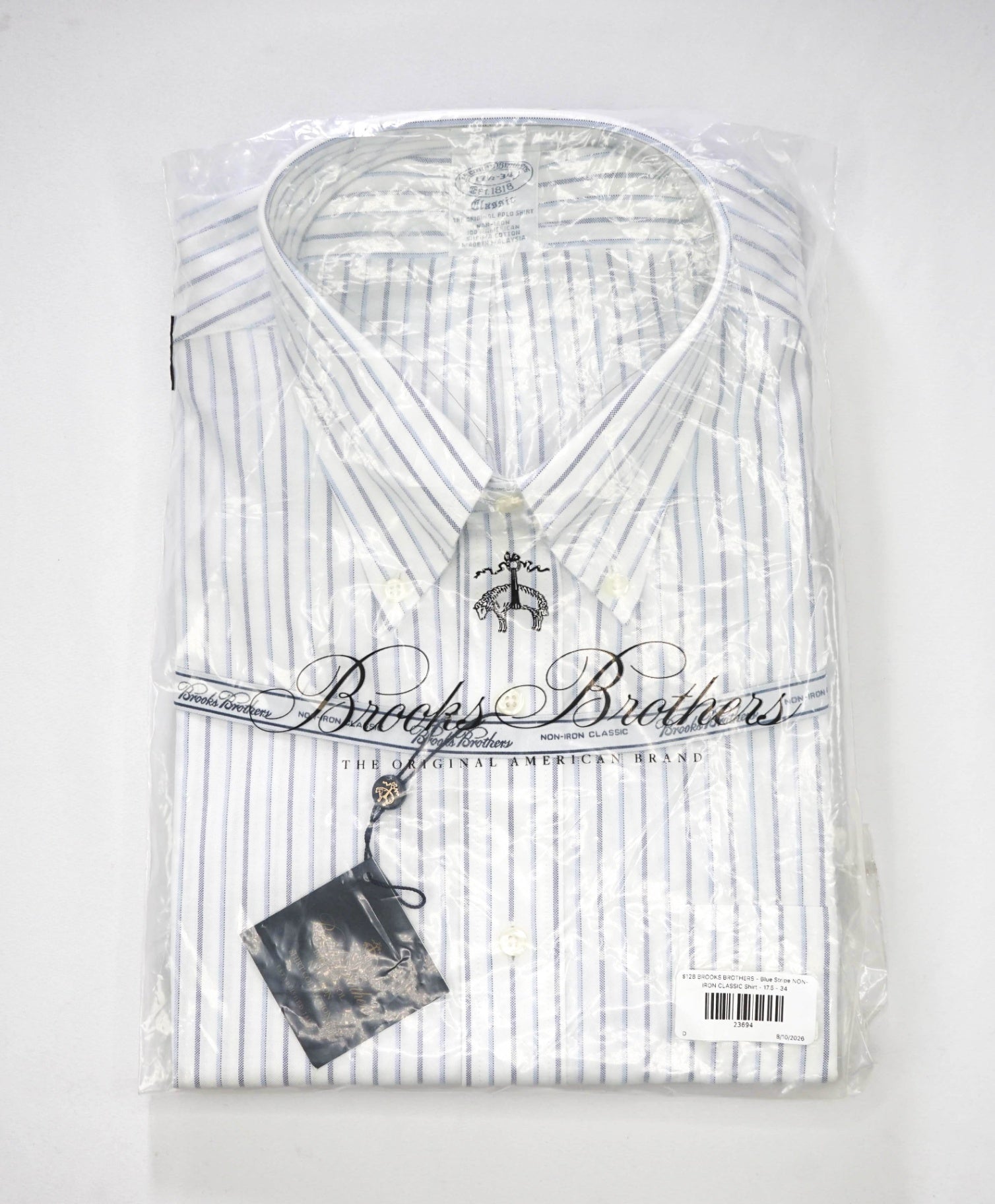 $128 BROOKS BROTHERS - Blue Stripe NON-IRON CLASSIC Shirt - 17.5 - 34