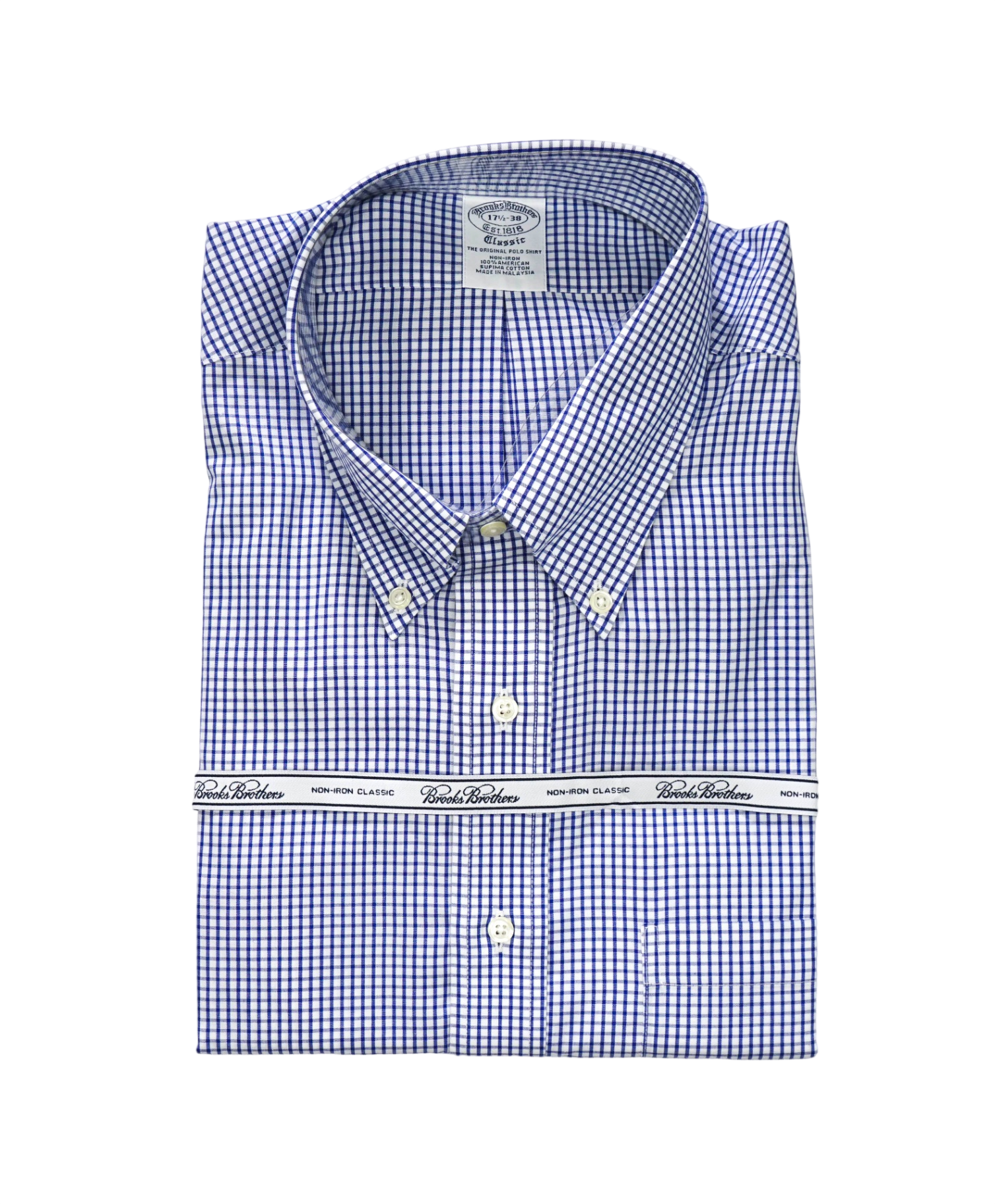 $128 BROOKS BROTHERS - Blue Gingham NON-IRON CLASSIC Shirt - 17.5 - 38