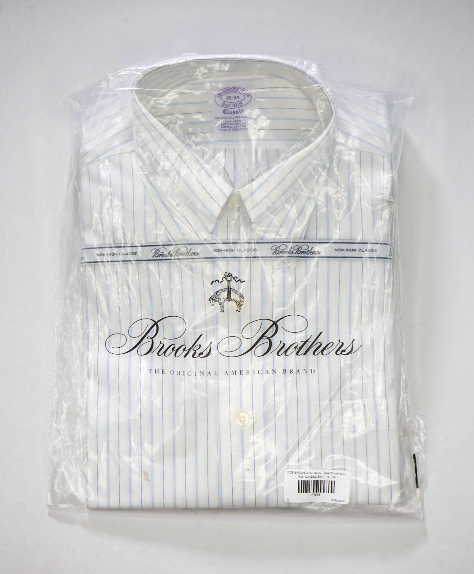 $128 BROOKS BROTHERS - Blue Stripe NON-IRON CLASSIC Shirt - 15 - 34