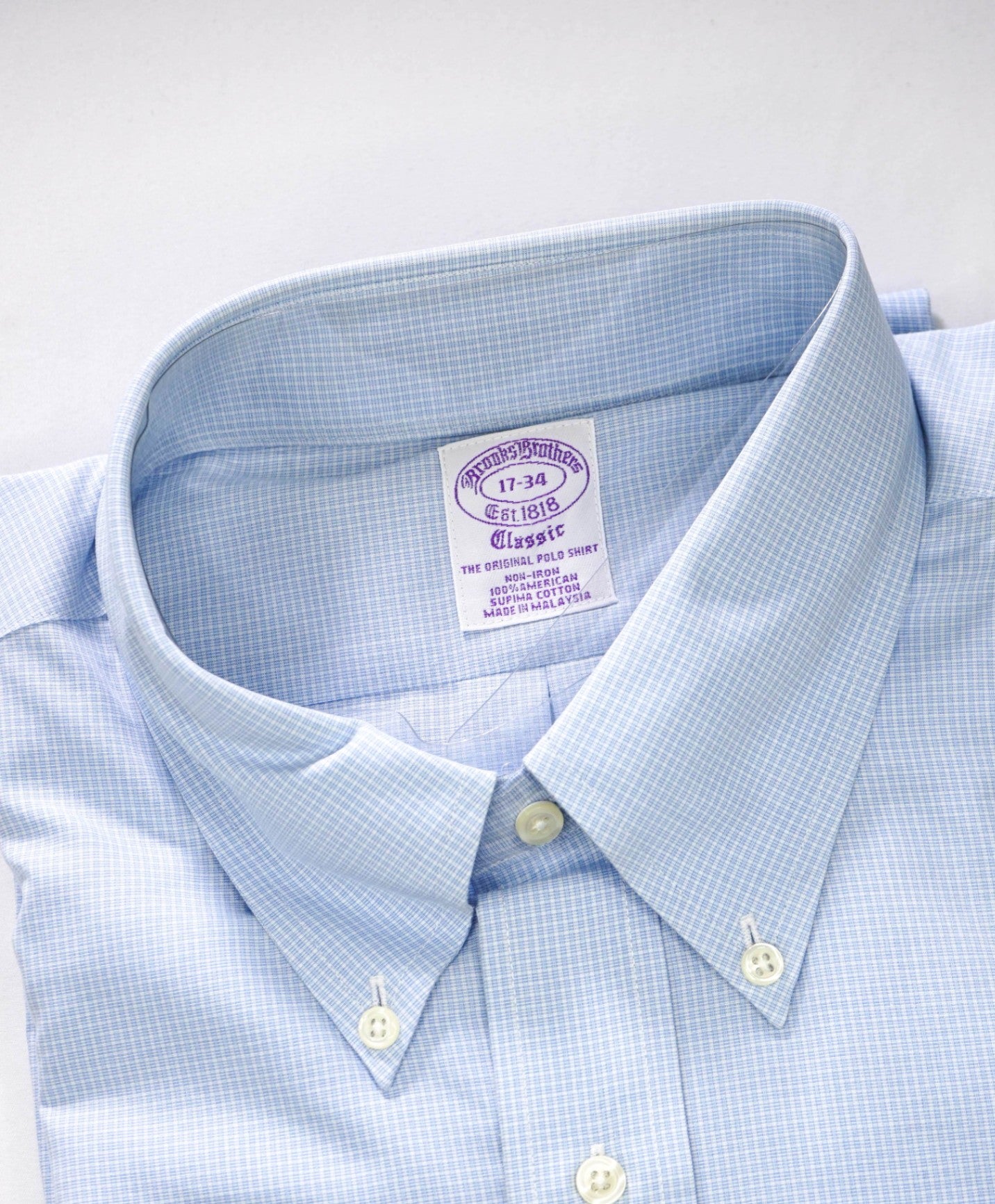 $128 BROOKS BROTHERS - Blue Micro Check NON-IRON CLASSIC Shirt - 17 - 34