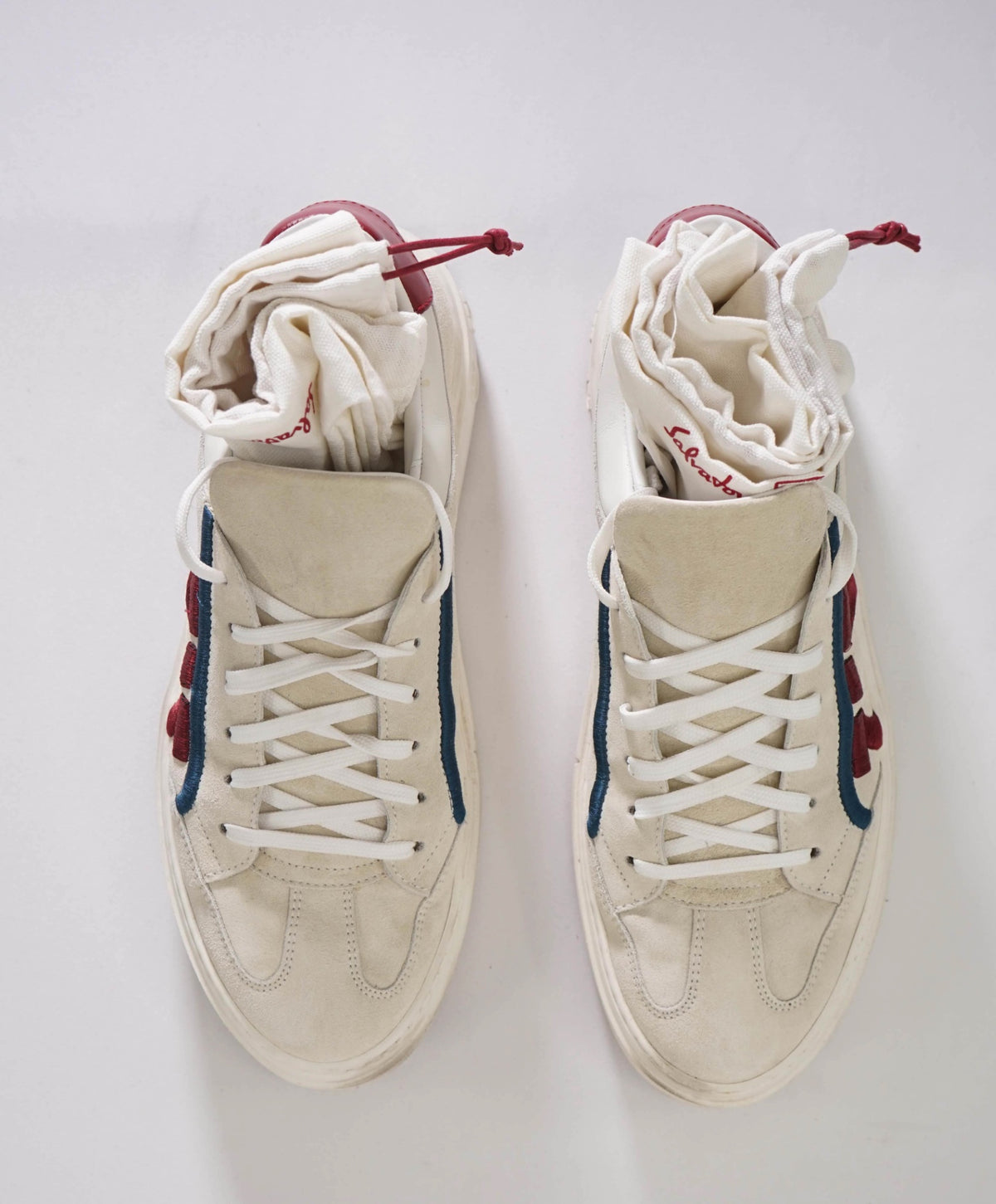 $750 FERRAGAMO - White/Red Suede/Leather Sneakers - 9.5 M