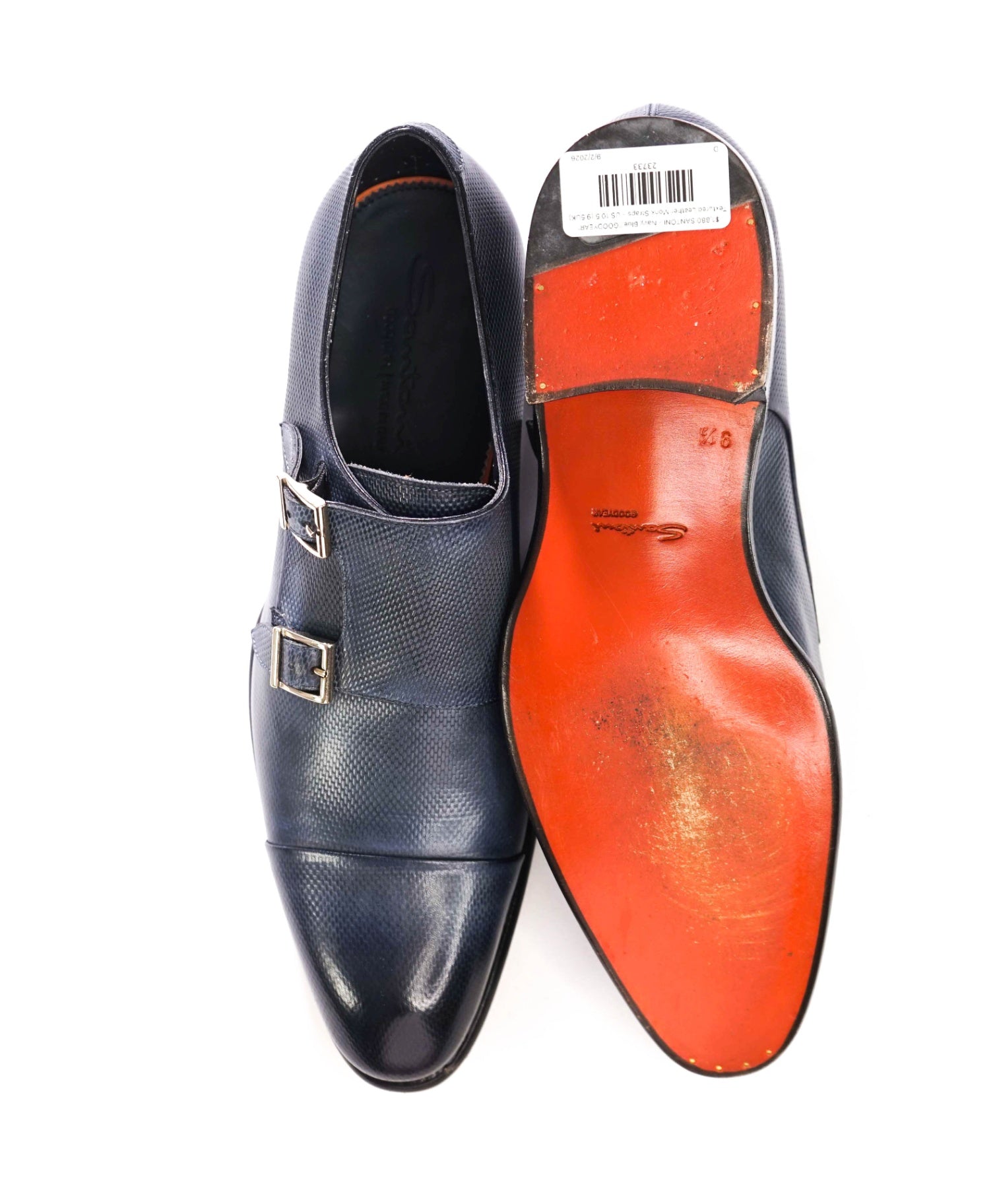 $1,880 SANTONI - Blue "GOODYEAR" Leather Monk - US 10.5 (9.5UK)