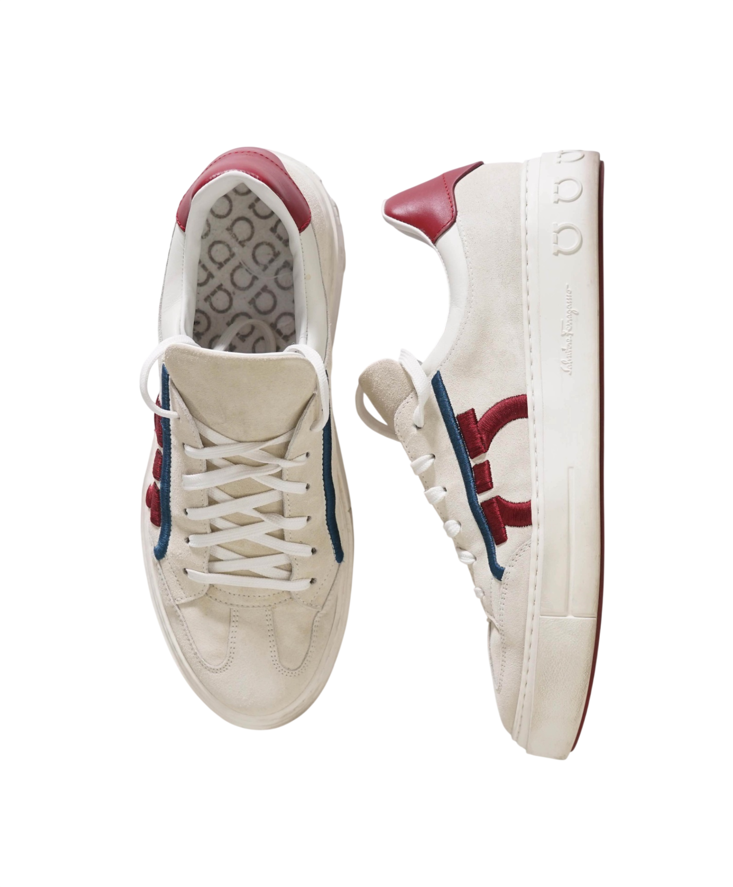 $750 FERRAGAMO - White/Red Suede/Leather Sneakers - 9.5 M