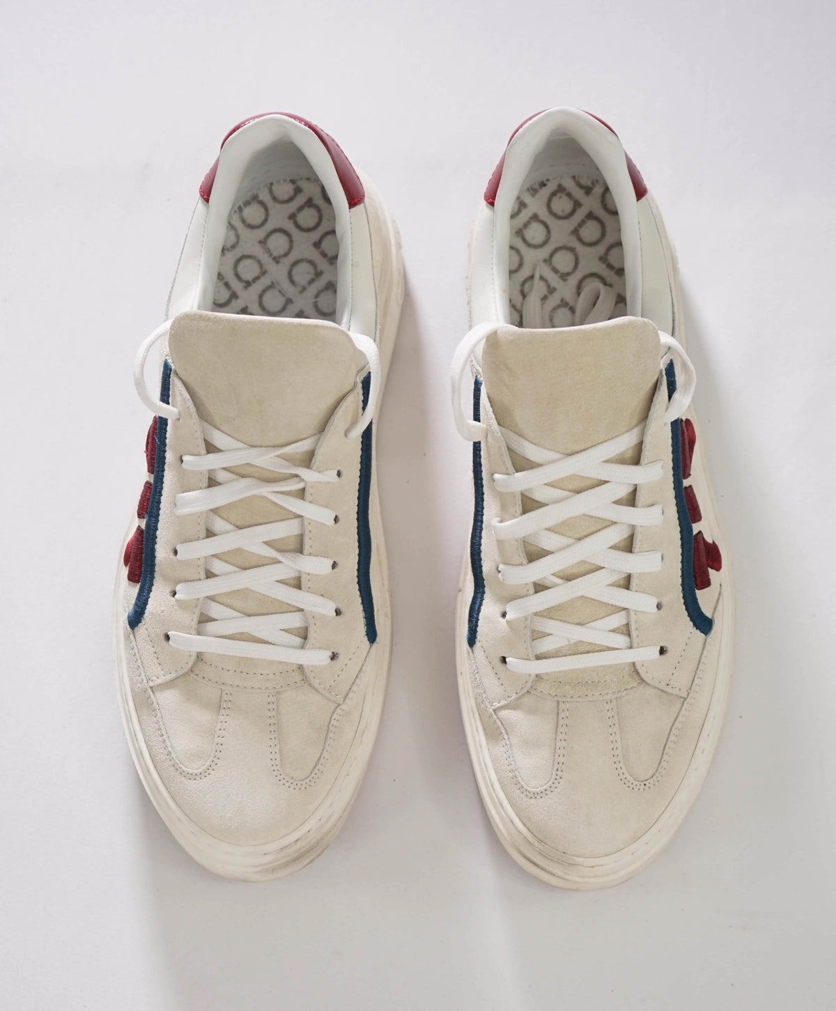 $750 FERRAGAMO - White/Red Suede/Leather Sneakers - 9.5 M