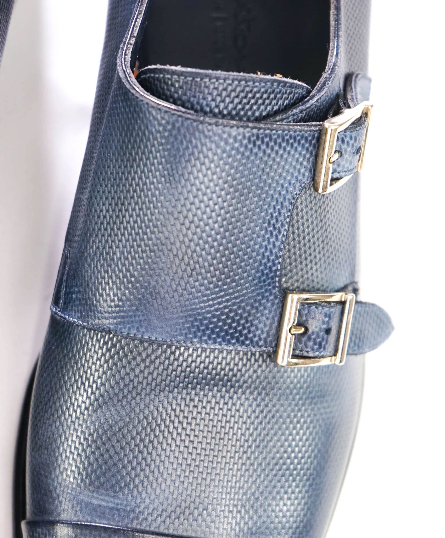 $1,880 SANTONI - Blue "GOODYEAR" Leather Monk - US 10.5 (9.5UK)
