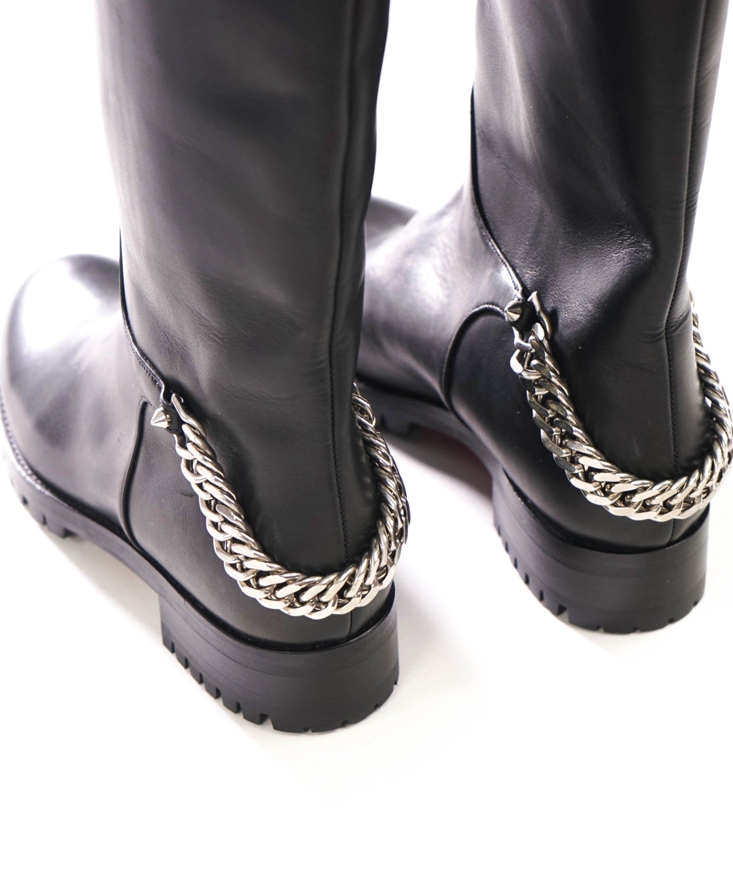 $1,390 LOUBOUTIN - Black Leather Chain Riding Boots - US 7 (37EU)