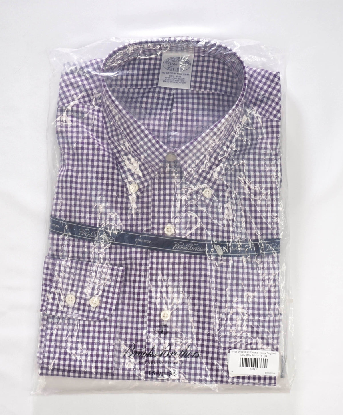 $128 BROOKS BROTHERS - Purple Gingham NON-IRON Shirt - 15.5 - 32