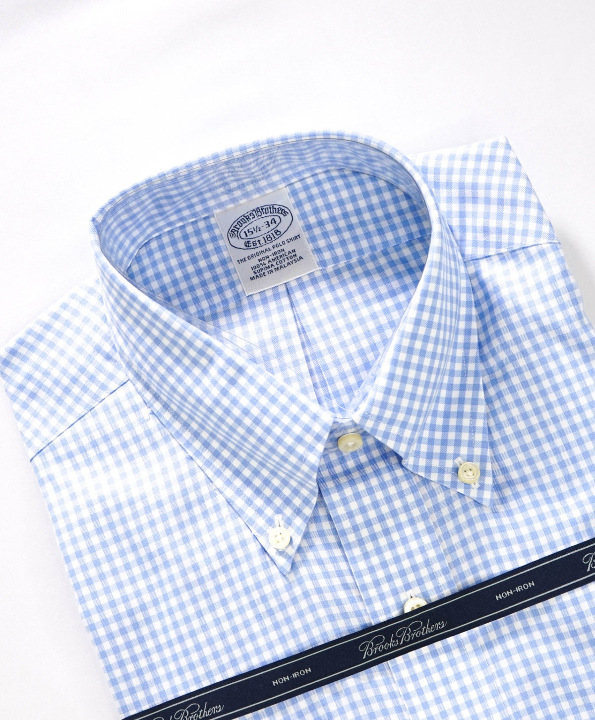 $128 BROOKS BROTHERS - Blue Gingham NON-IRON Shirt - 16.5 - 34