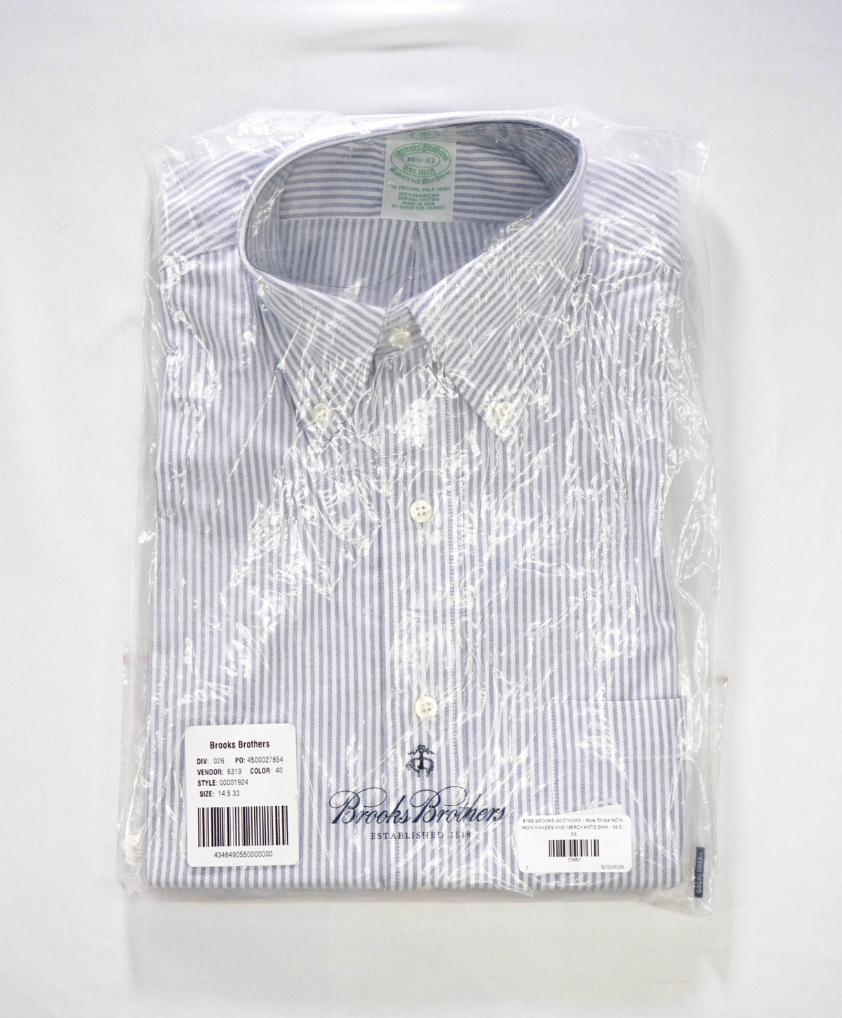$198 BROOKS BROTHERS - Blue Stripe NON-IRON MAKERS & MERCHANTS Shirt - 14.5 - 33
