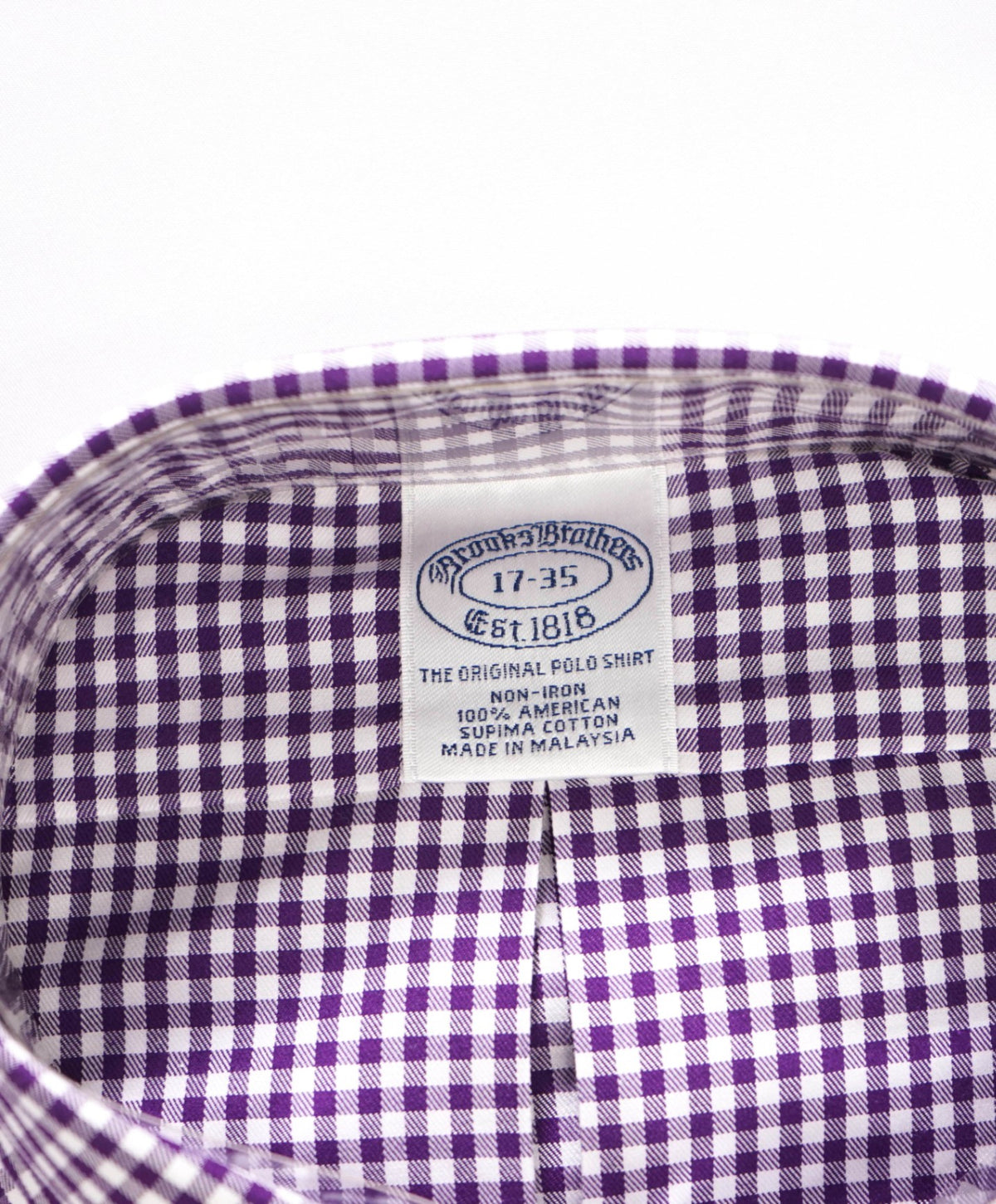 $128 BROOKS BROTHERS - Purple Gingham NON-IRON Shirt - 17 - 35