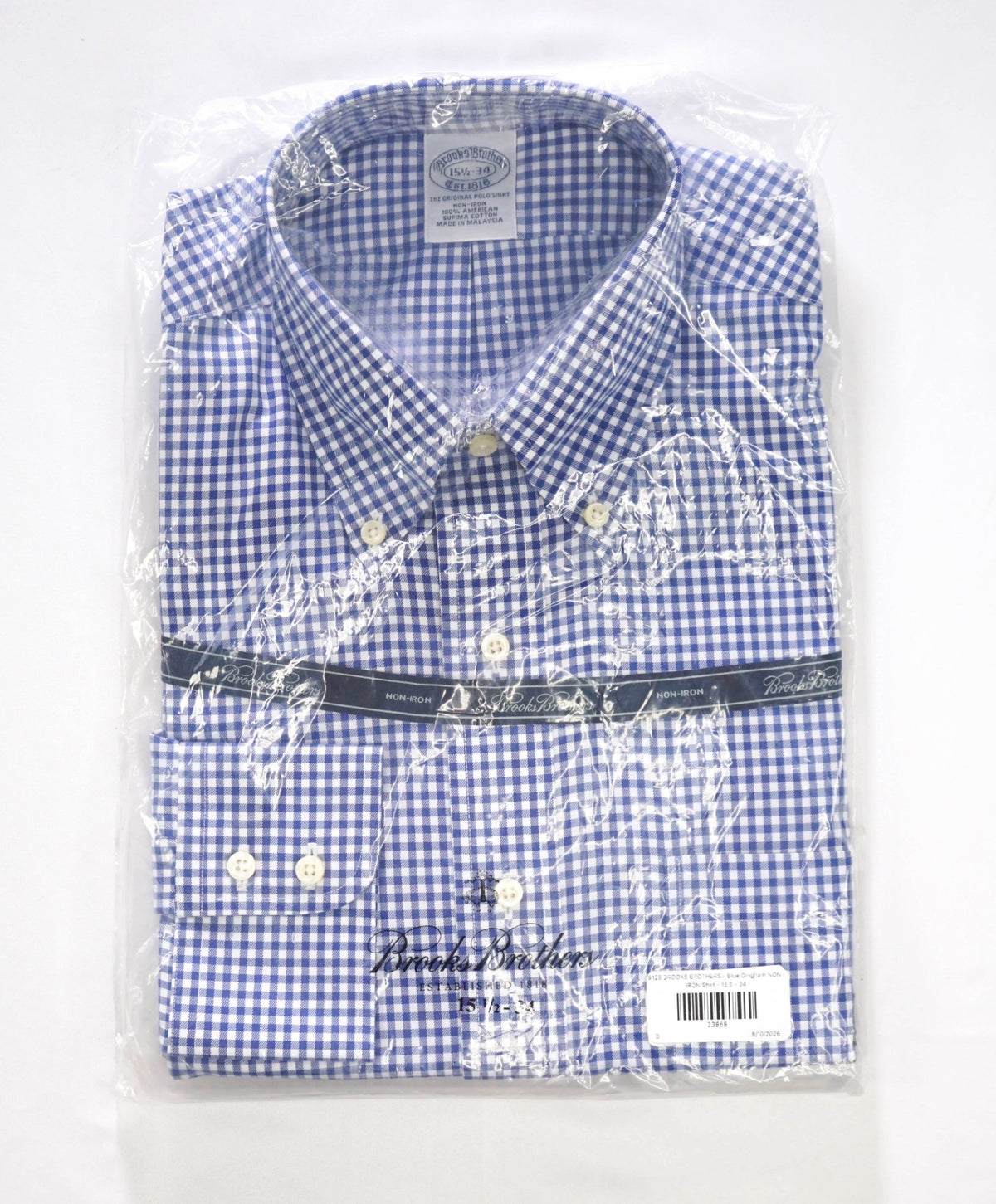 $128 BROOKS BROTHERS - Blue Gingham NON-IRON Shirt - 15.5 - 34