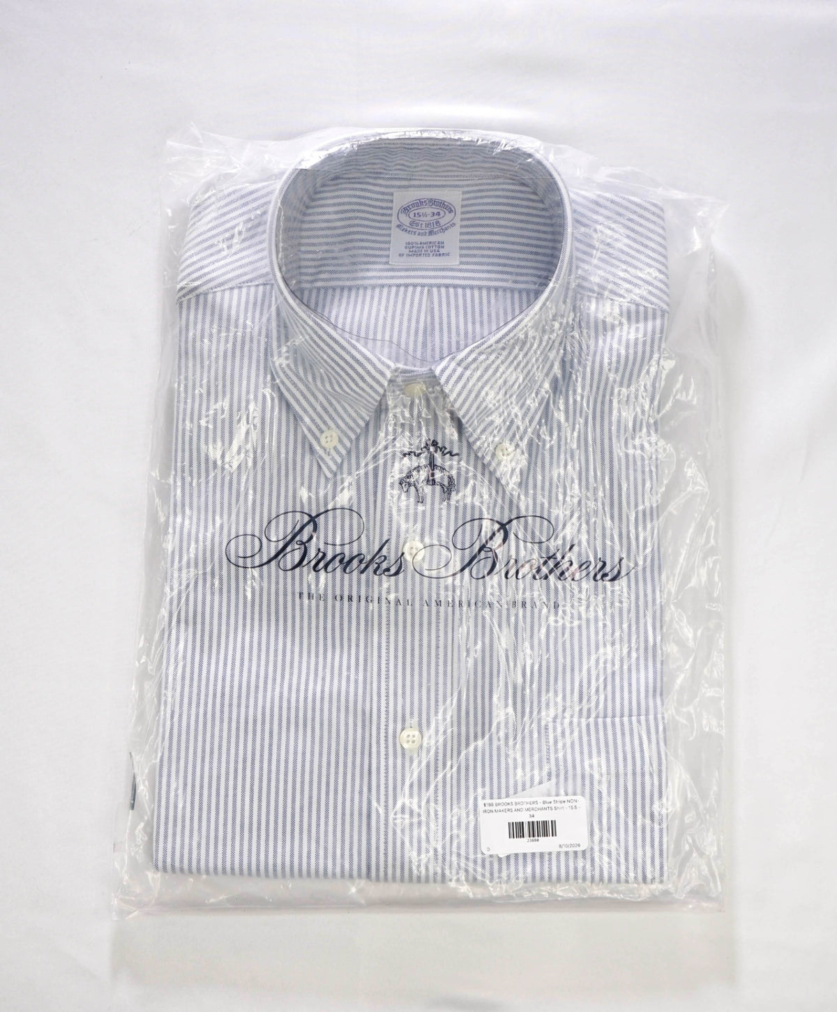 $198 BROOKS BROTHERS - Blue Stripe NON-IRON MAKERS & MERCHANTS Shirt - 15.5 - 34