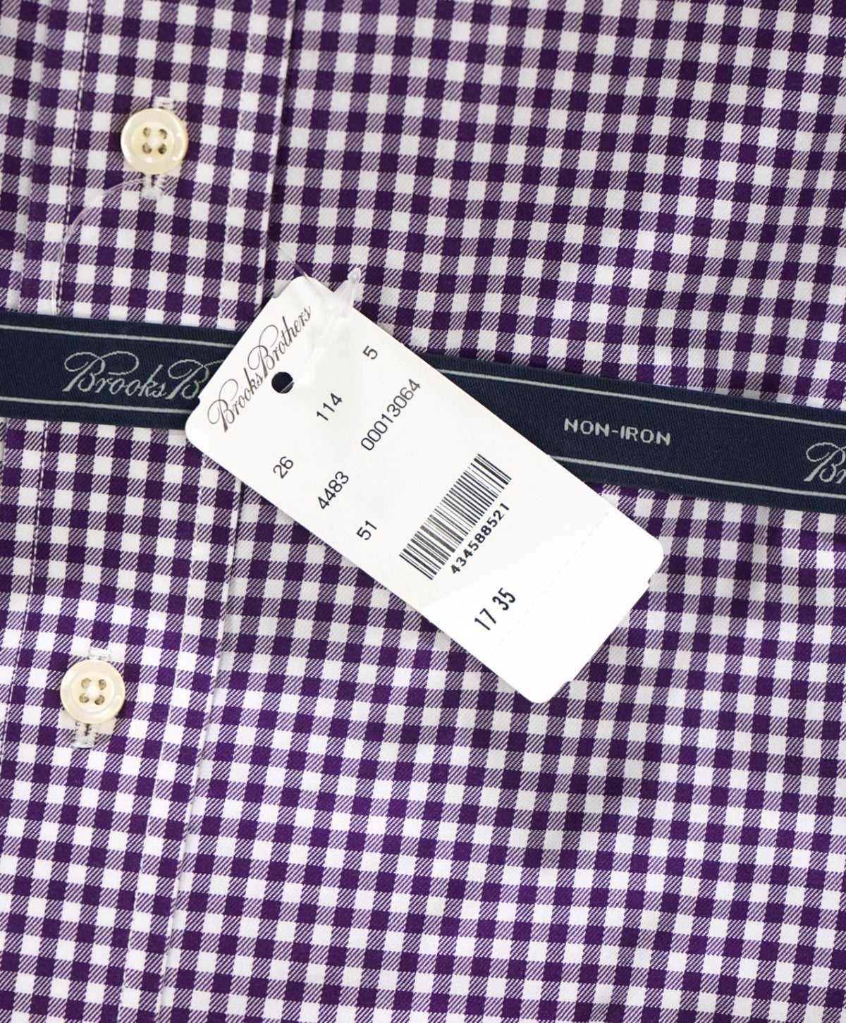 $128 BROOKS BROTHERS - Purple Gingham NON-IRON Shirt - 17 - 35