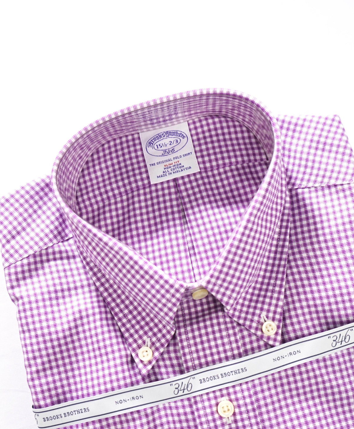$128 BROOKS BROTHERS - Purple Gingham NON-IRON "364" SLIM FIT Shirt - 15.5 - 32/33