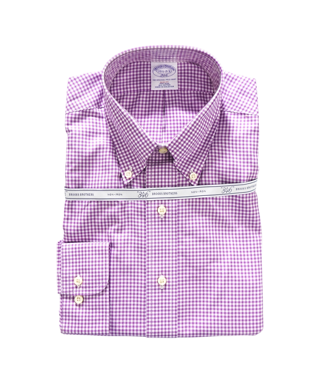 $128 BROOKS BROTHERS - Purple Gingham NON-IRON "364" SLIM FIT Shirt - 15.5 - 32/33