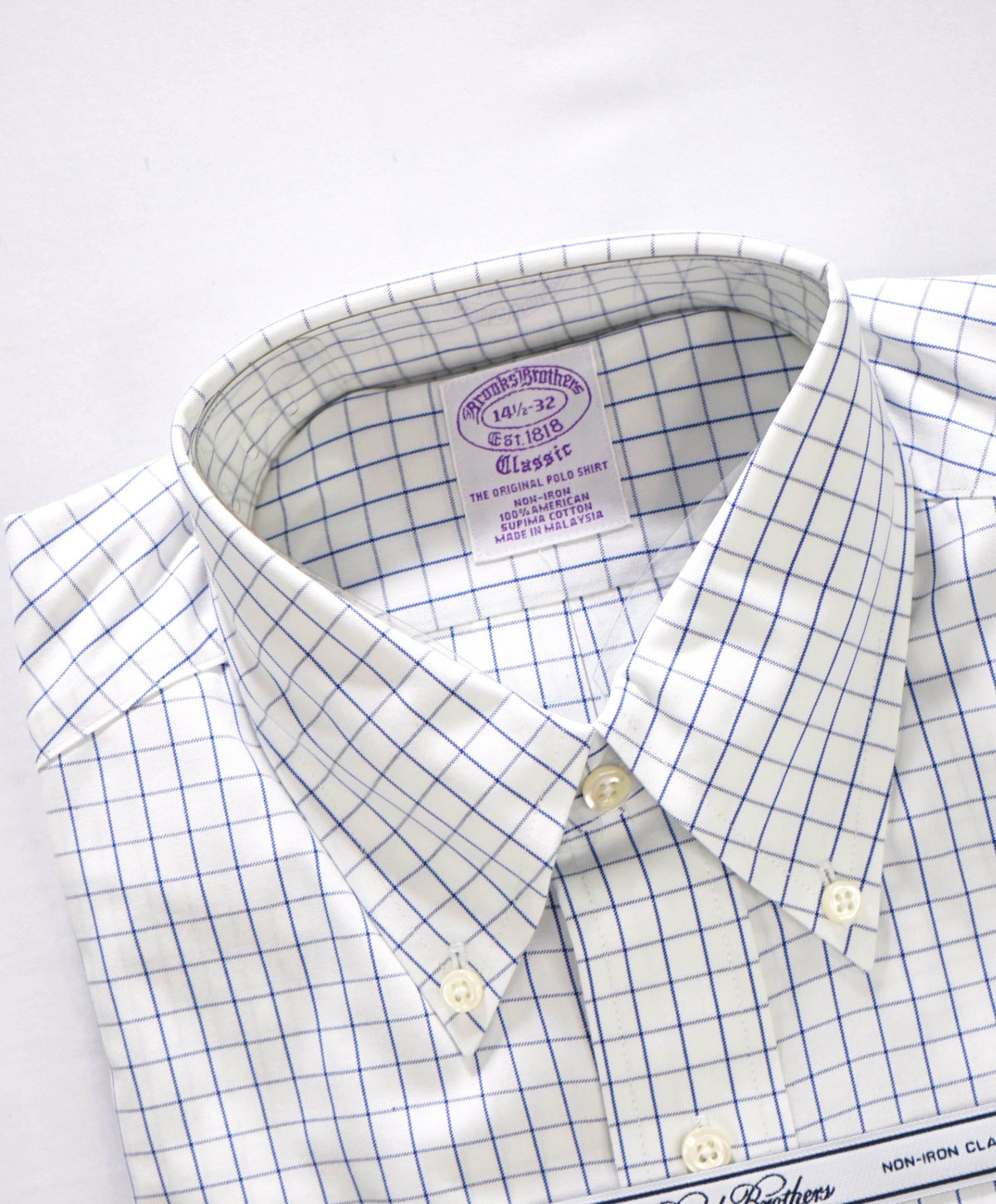 $128 BROOKS BROTHERS - Blue Check NON-IRON "Classic" Shirt - 14.5 - 32