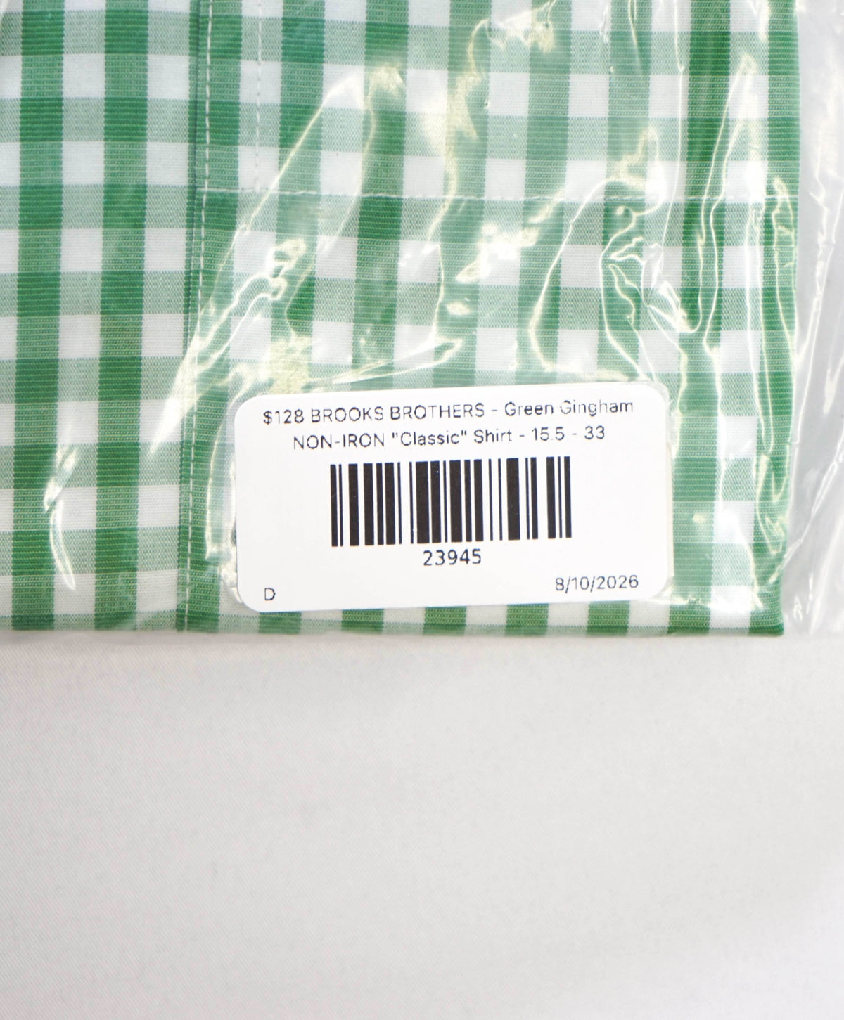 $128 BROOKS BROTHERS - Green Gingham NON-IRON "Classic" Shirt - 15.5 - 33
