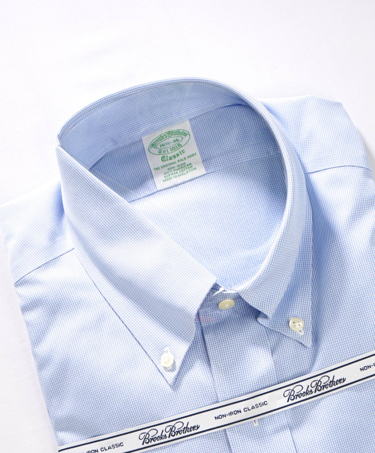 $128 BROOKS BROTHERS - Blue Micro Houndstooth NON-IRON "Classic" Shirt - 16.5 - 35